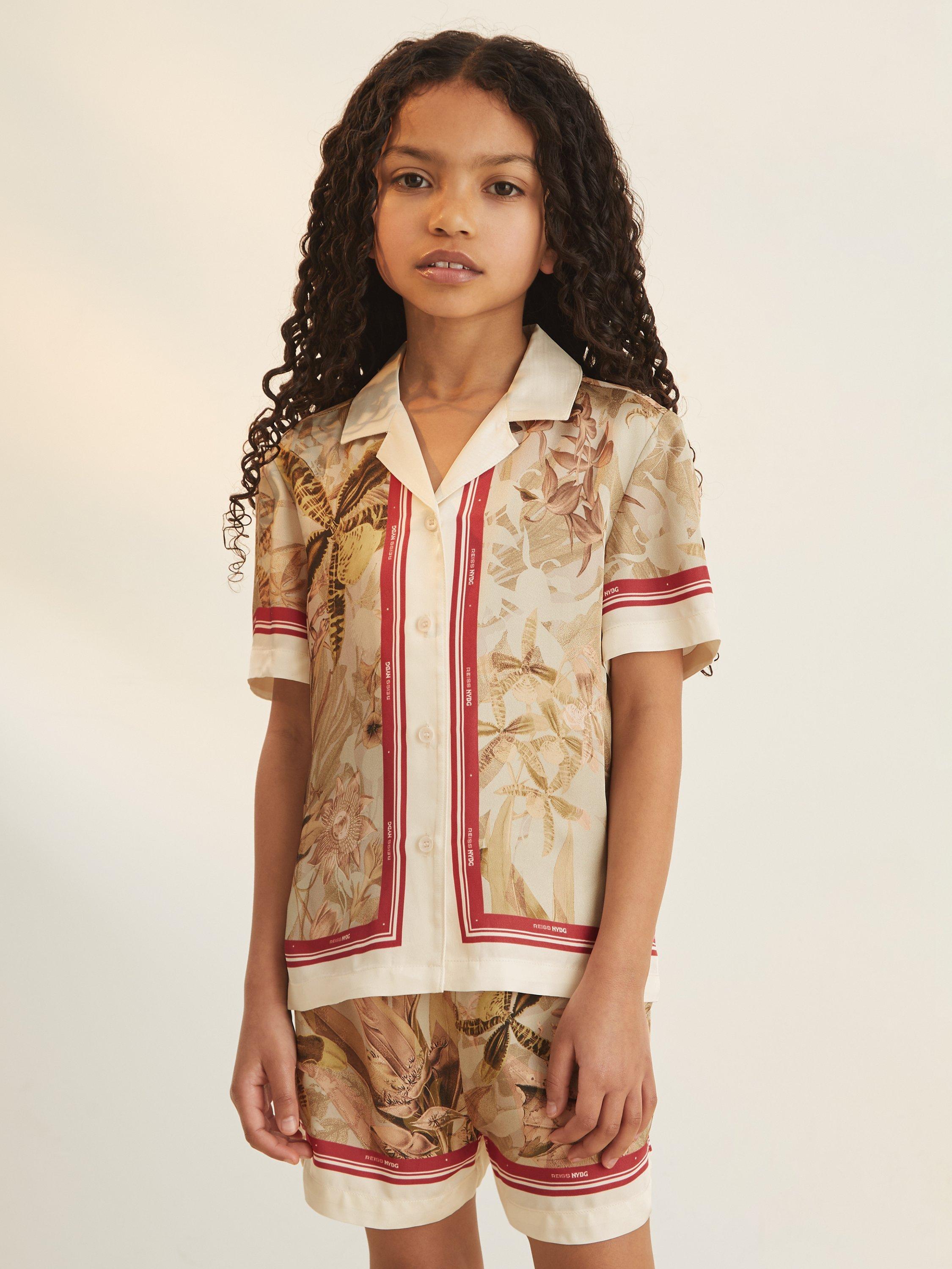 Product image 1 of 5, which shows Reiss New York Botanical Gardens Kids' Santana Floral Print Satin Shirt, Khaki/Multi, 4-5 years