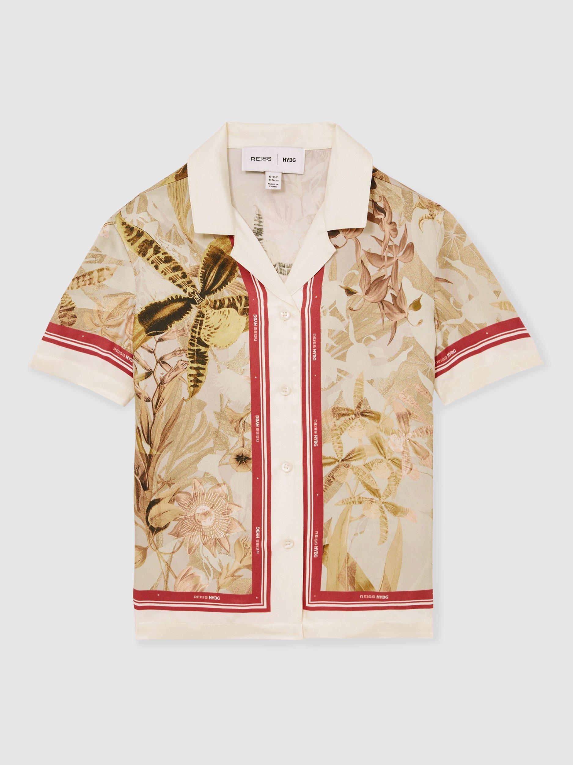 Product image 4 of 5, which shows Reiss New York Botanical Gardens Kids' Santana Floral Print Satin Shirt, Khaki/Multi, 4-5 years