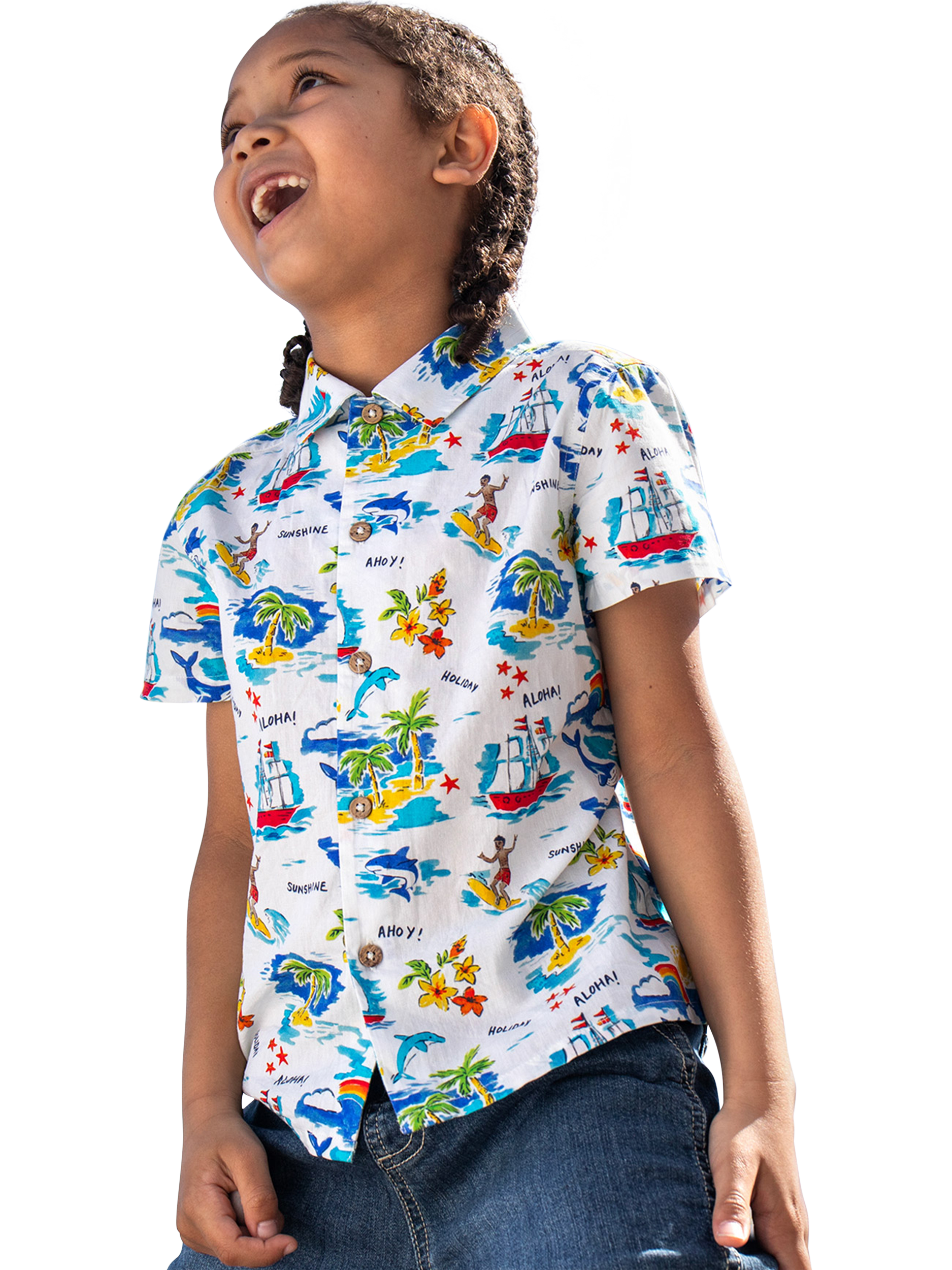 Product image 2 of 5, which shows Frugi Kids' Harvey Hawaiian Shirt, Multi, 2-3 years