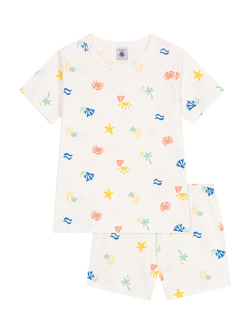 Petit Bateau Kids' Sea Print Short Sleeve Pyjamas, Marshmallow/Multico, Marshmallow/Multico