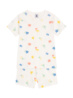 Petit Bateau Kids' Sea Print Short Sleeve Pyjamas, Marshmallow/Multico - view 2, Marshmallow/Multico