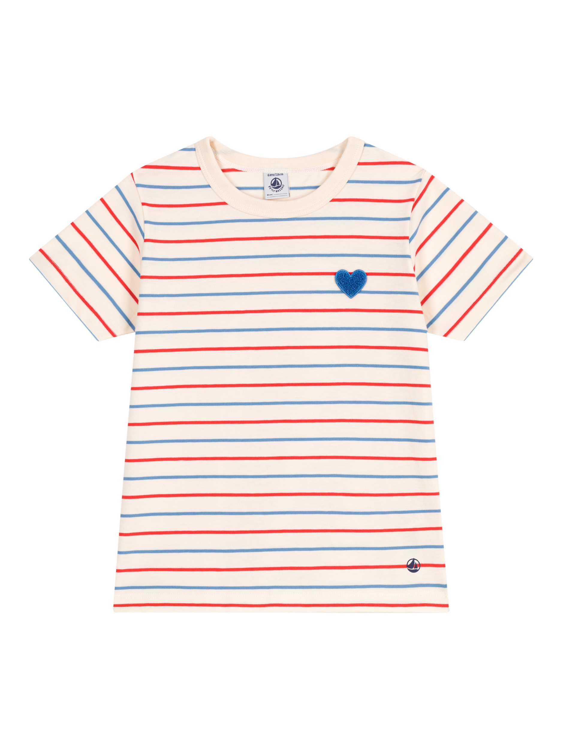 Product image 1 of 3, which shows Petit Bateau Kids' Stripey Heart Print T-Shirt, Avalanche/Multico, 3 years
