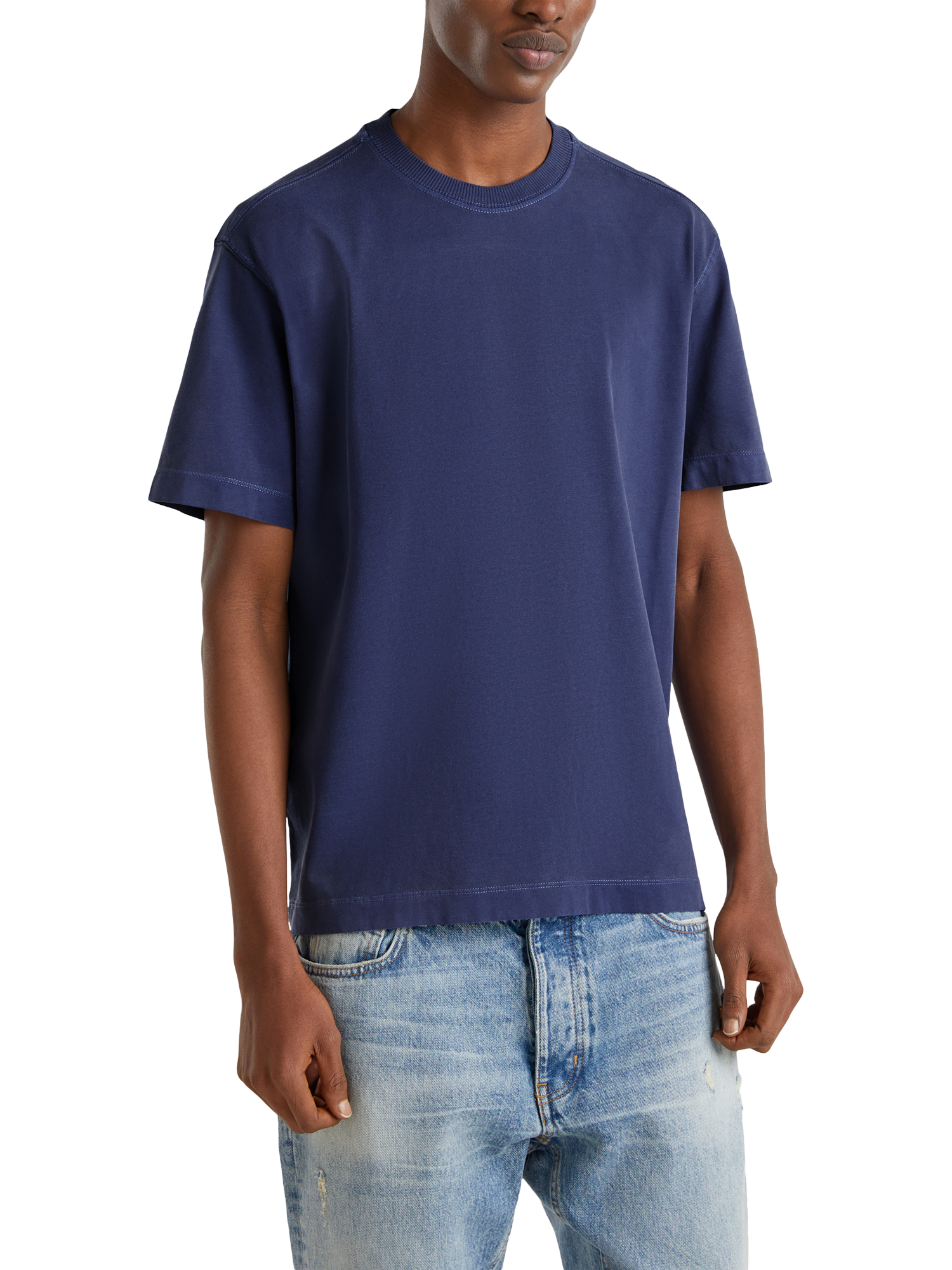 Product image 1 of 4, which shows Benetton Cotton Regular Fit Short Sleeve Garment Dyed T-Shirt, Blue, S
