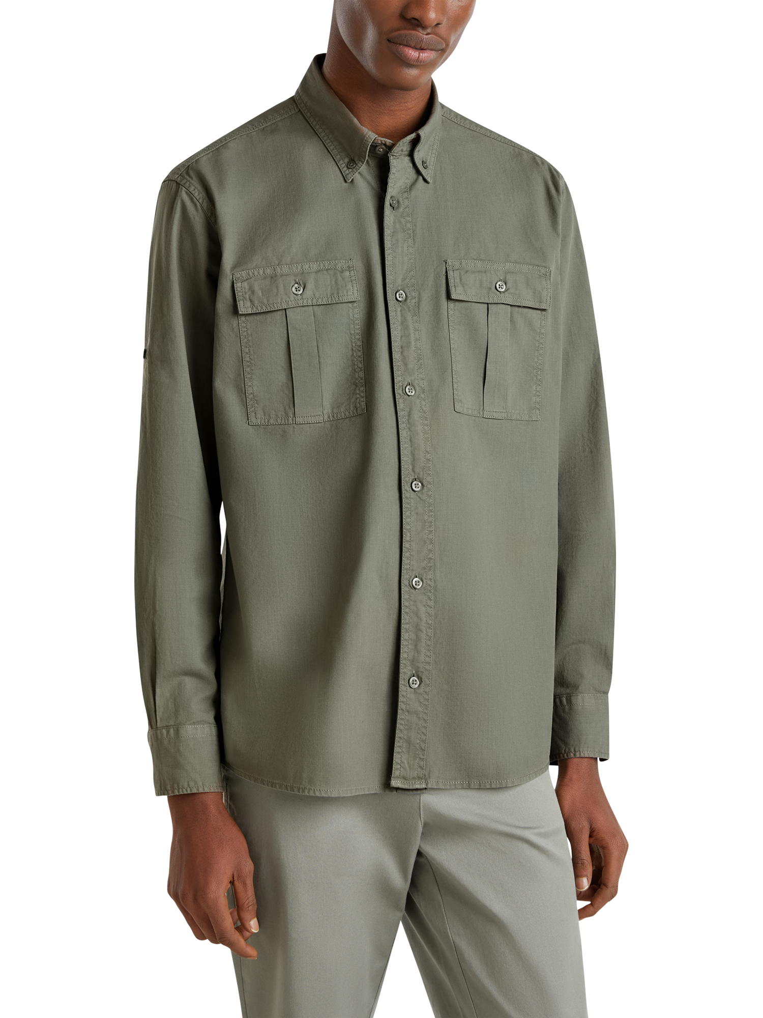 Benetton Cotton Regular Fit Yarn-Dyed Military Shirt, Sage Green