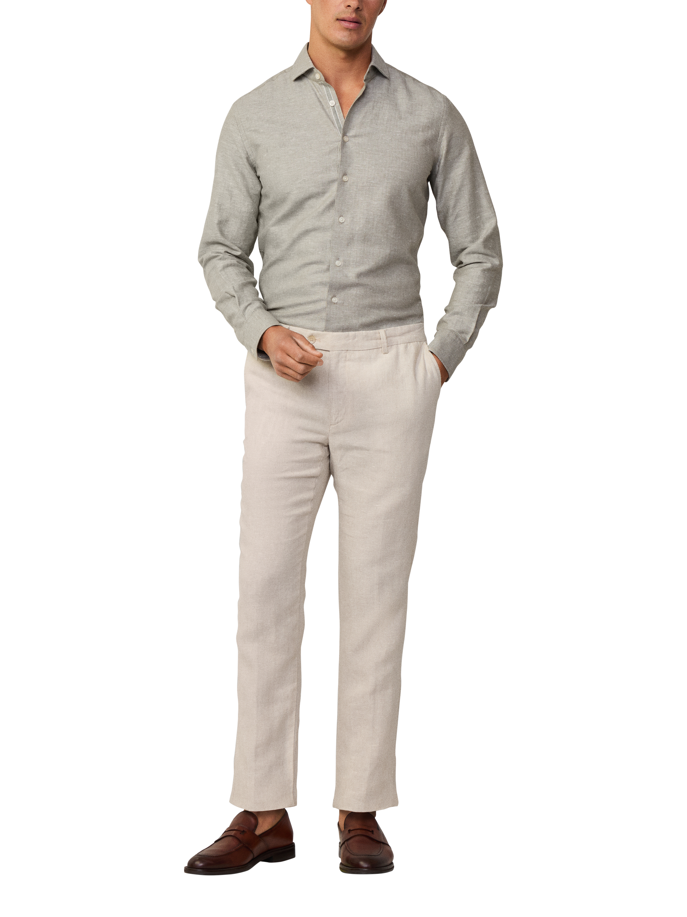 Product image 1 of 6, which shows Hackett London Linen Blend Tailored Fit Herringbone Shirt, Safari Green, XXL