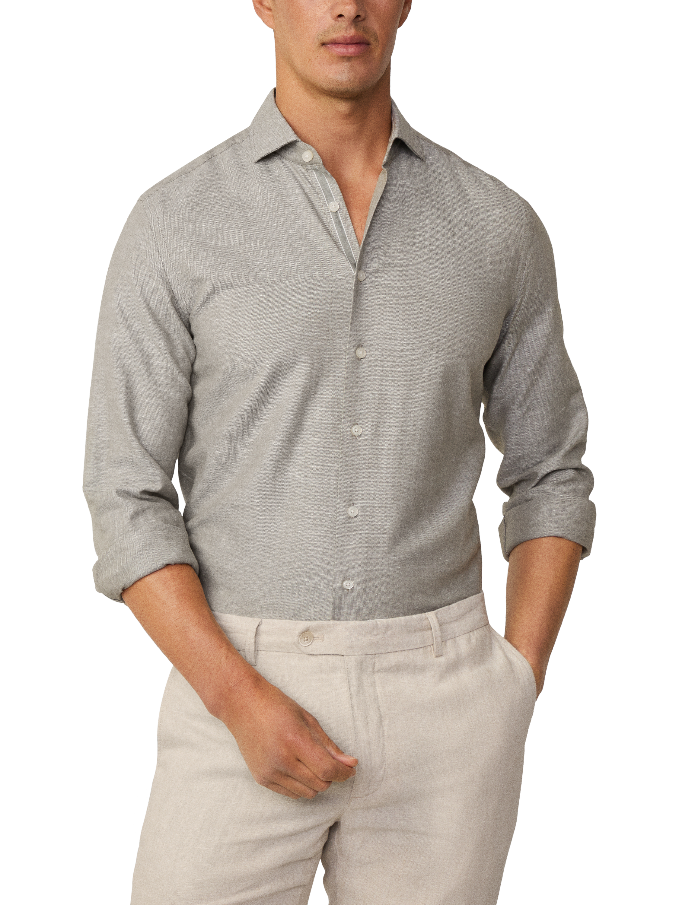 Product image 2 of 6, which shows Hackett London Linen Blend Tailored Fit Herringbone Shirt, Safari Green, XXL