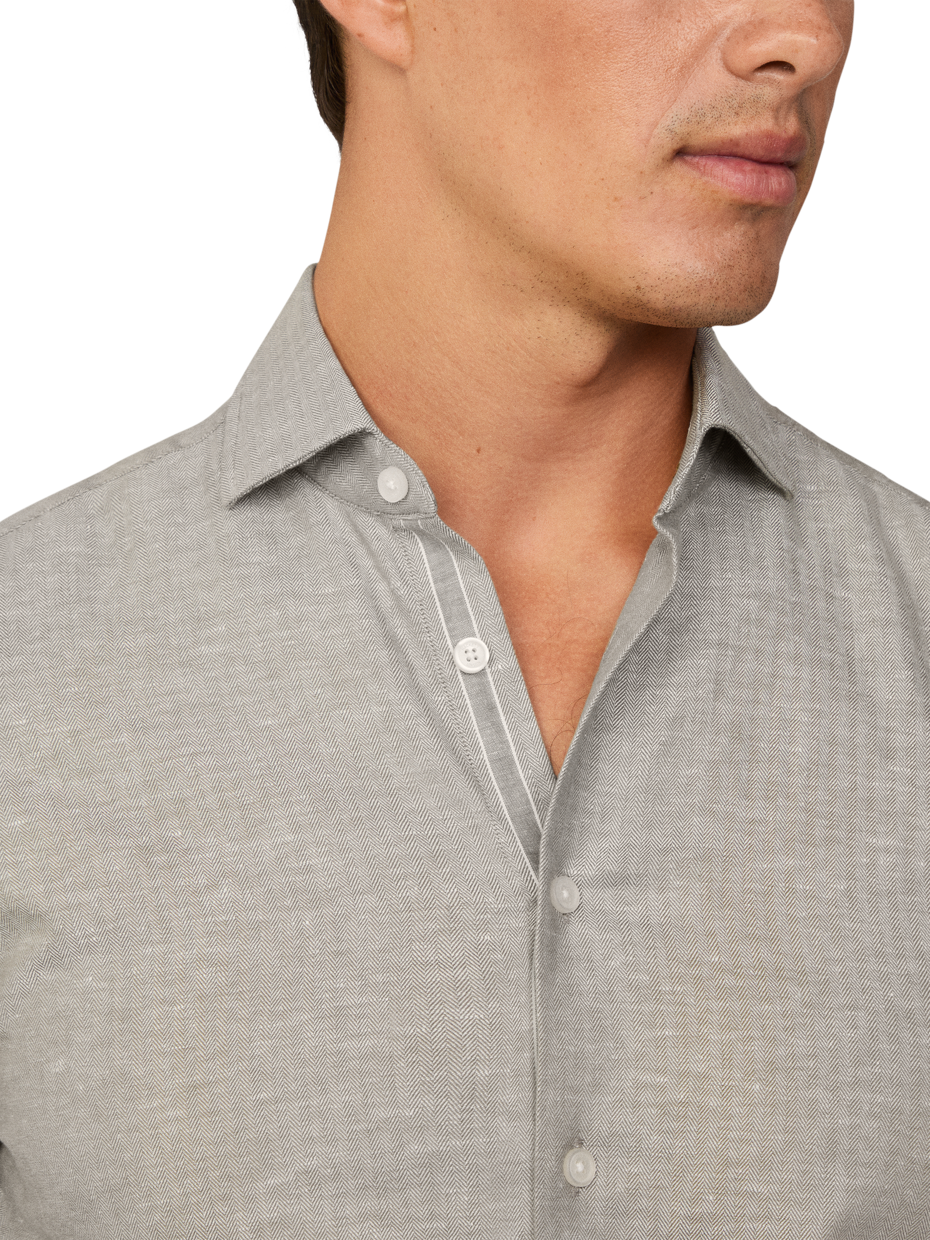 Product image 4 of 6, which shows Hackett London Linen Blend Tailored Fit Herringbone Shirt, Safari Green, XXL