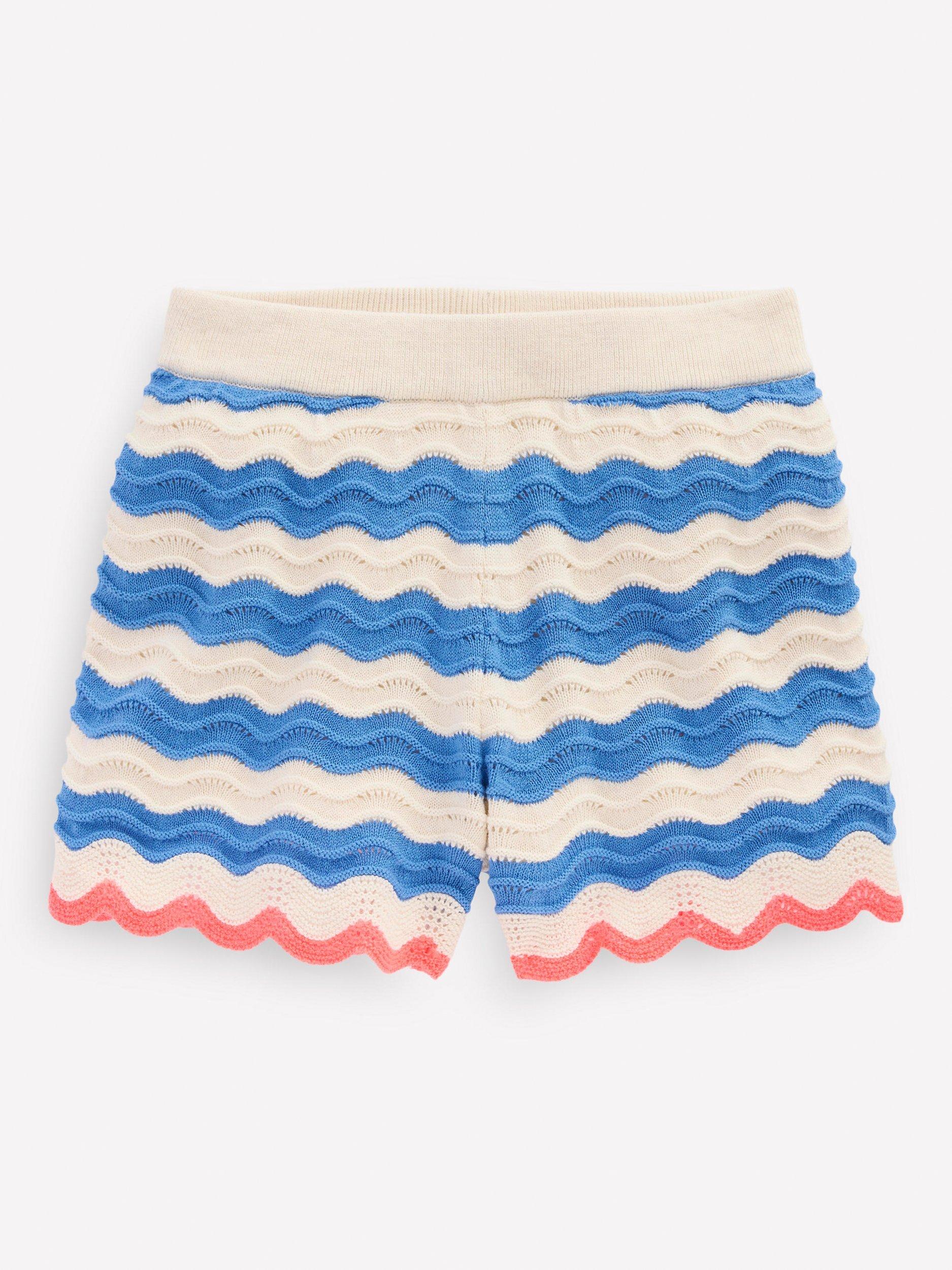 Product image 1 of 3, which shows Mini Boden Kids' Fun Cotton Knit Shorts, Blue/Ivory Stripe, 5-6 years