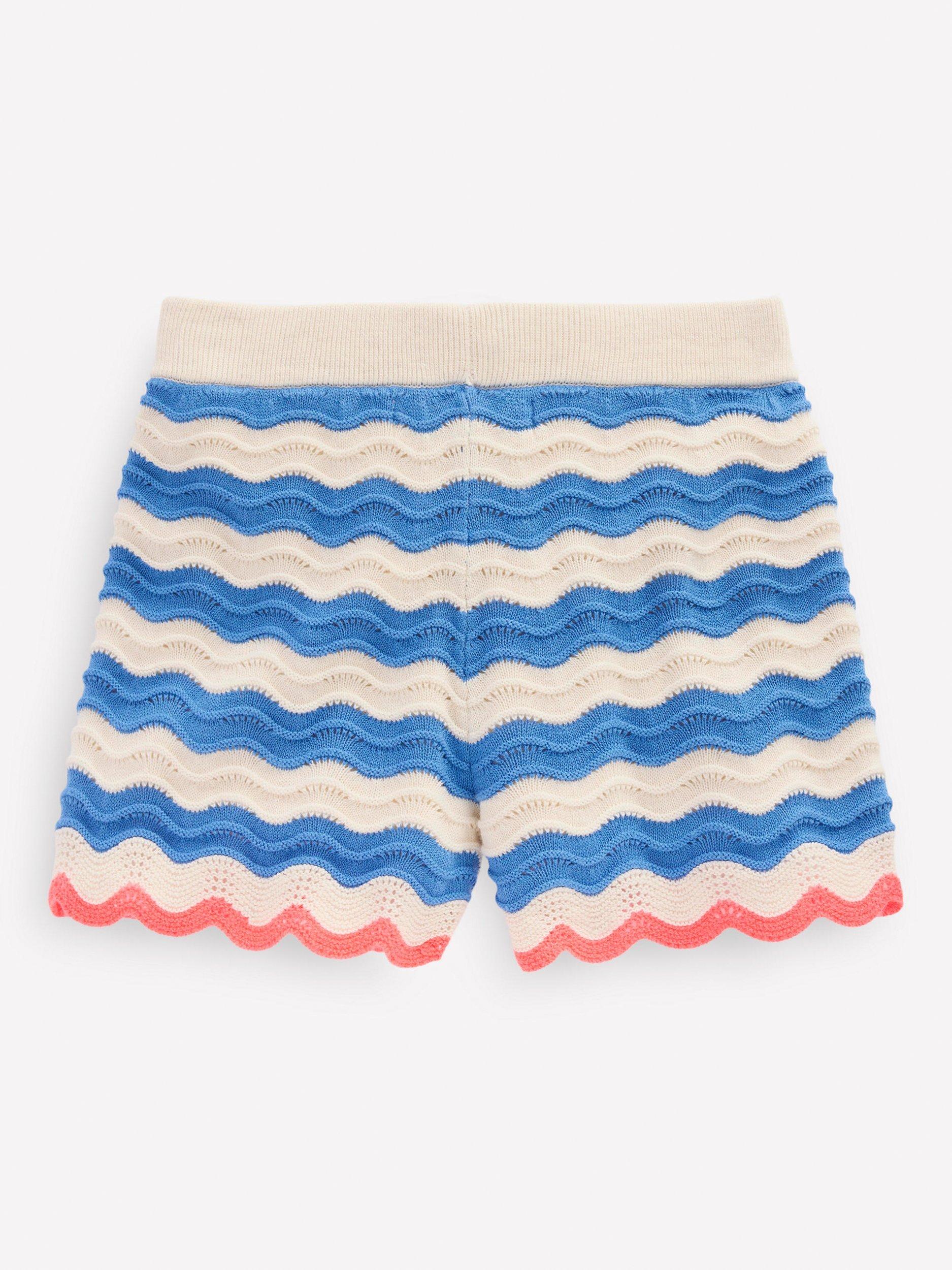 Product image 2 of 3, which shows Mini Boden Kids' Fun Cotton Knit Shorts, Blue/Ivory Stripe, 5-6 years