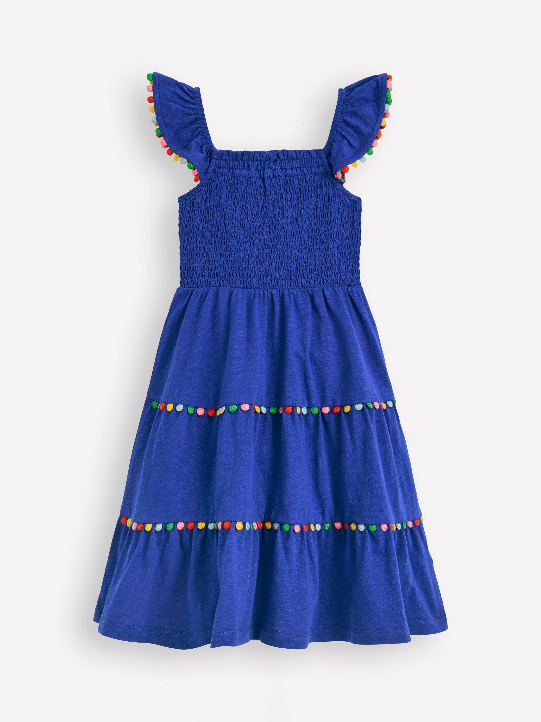 Mini Boden Kids' Addison Cotton Twirly Tiered Dress, Bright Blue