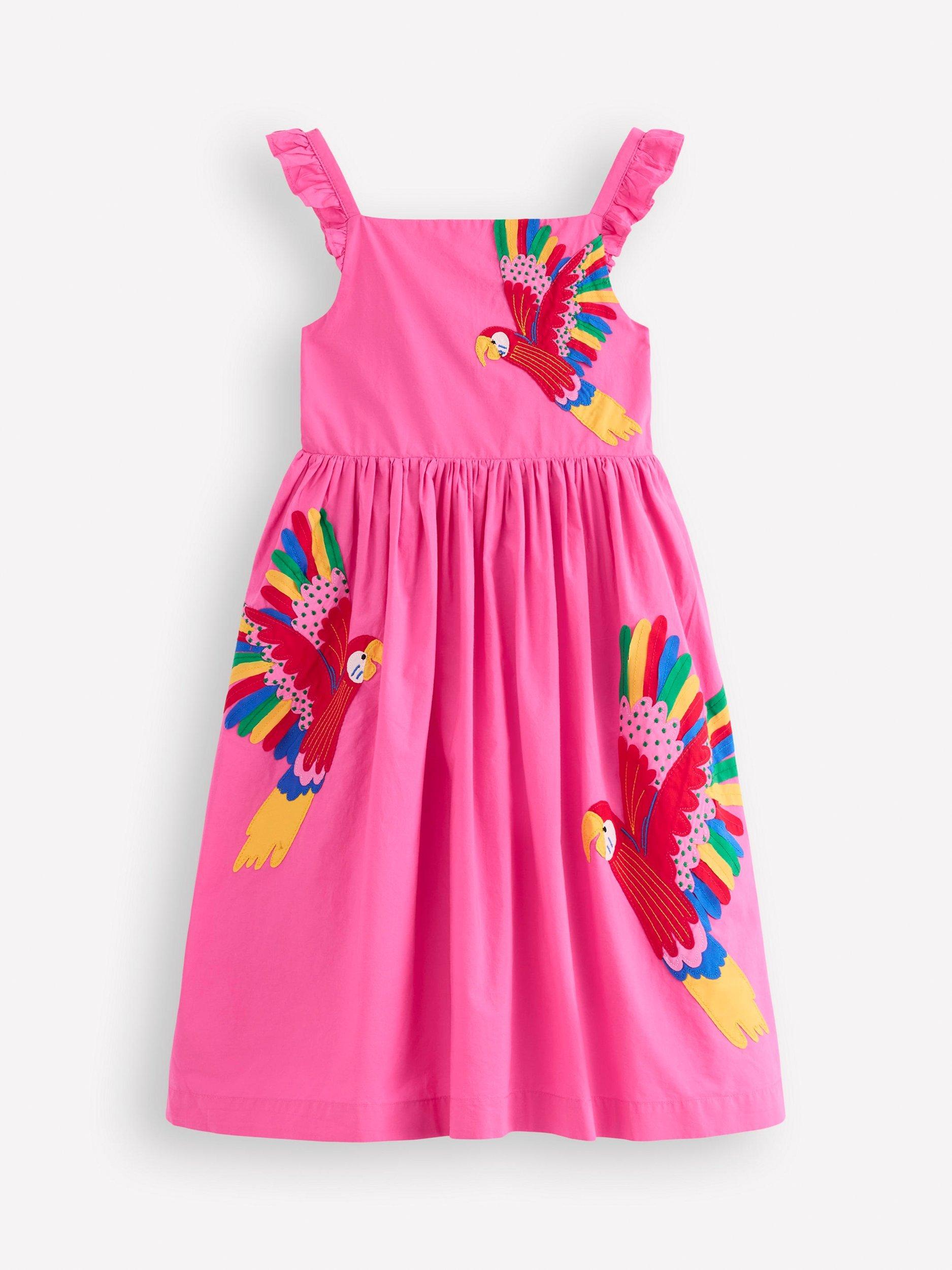 Mini Boden Kids' Annalisa Cotton Applique Midi Dress, Sorbet Pink Birds