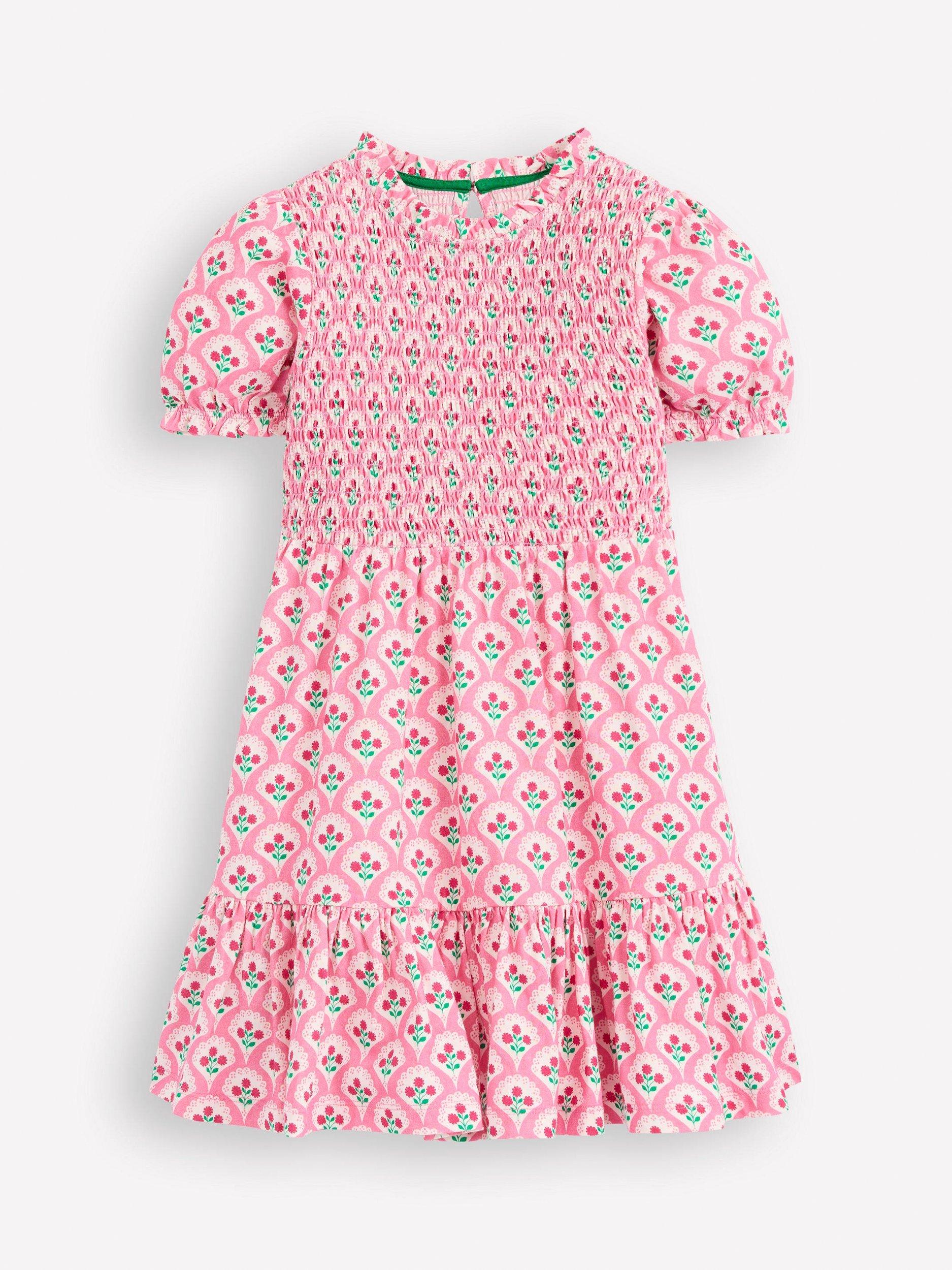 Product image 1 of 3, which shows Mini Boden Kids' Aurora Cotton Shirred Tiered Dress, Pink Floral, 8-9 years
