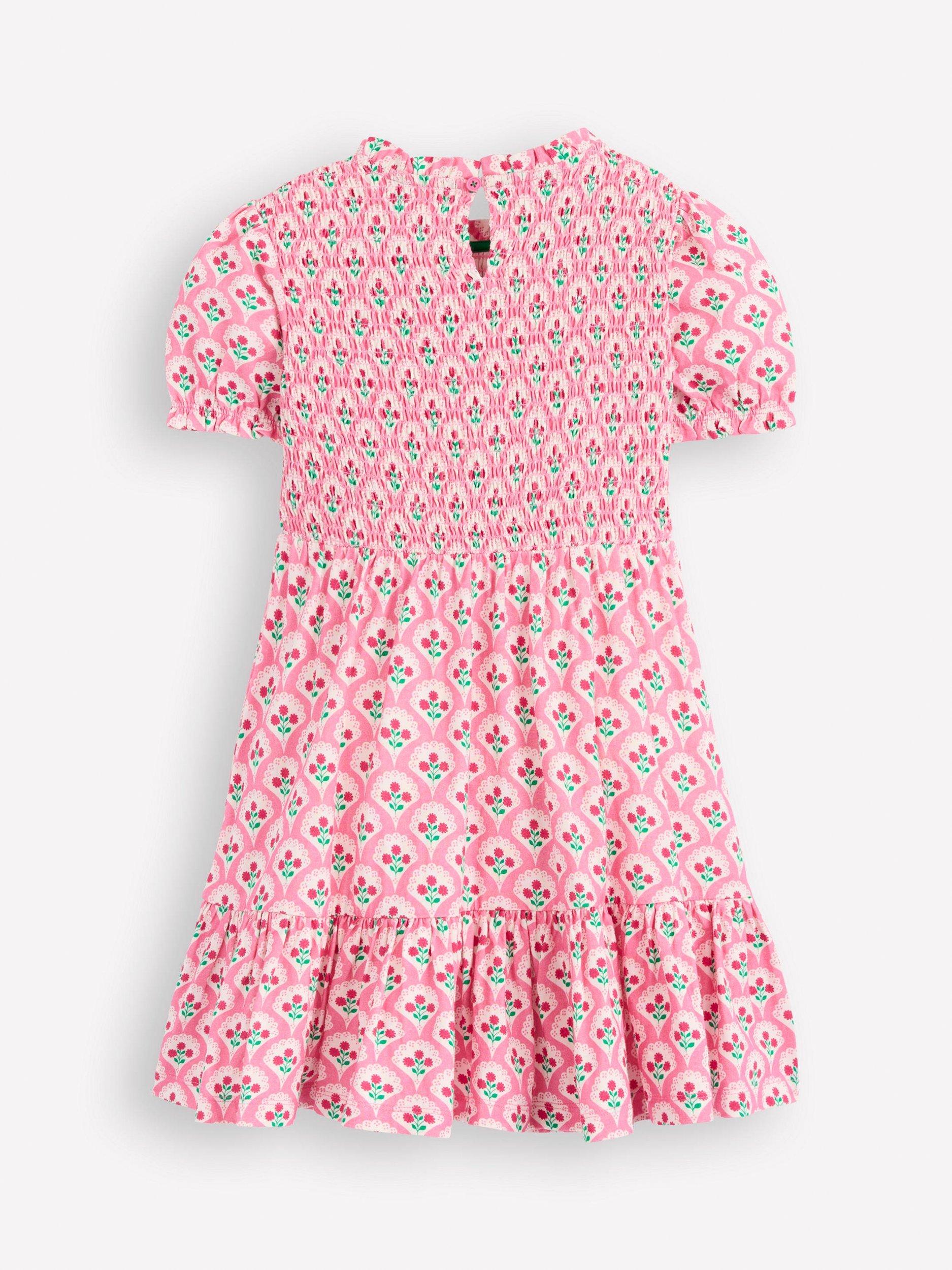 Product image 2 of 3, which shows Mini Boden Kids' Aurora Cotton Shirred Tiered Dress, Pink Floral, 8-9 years