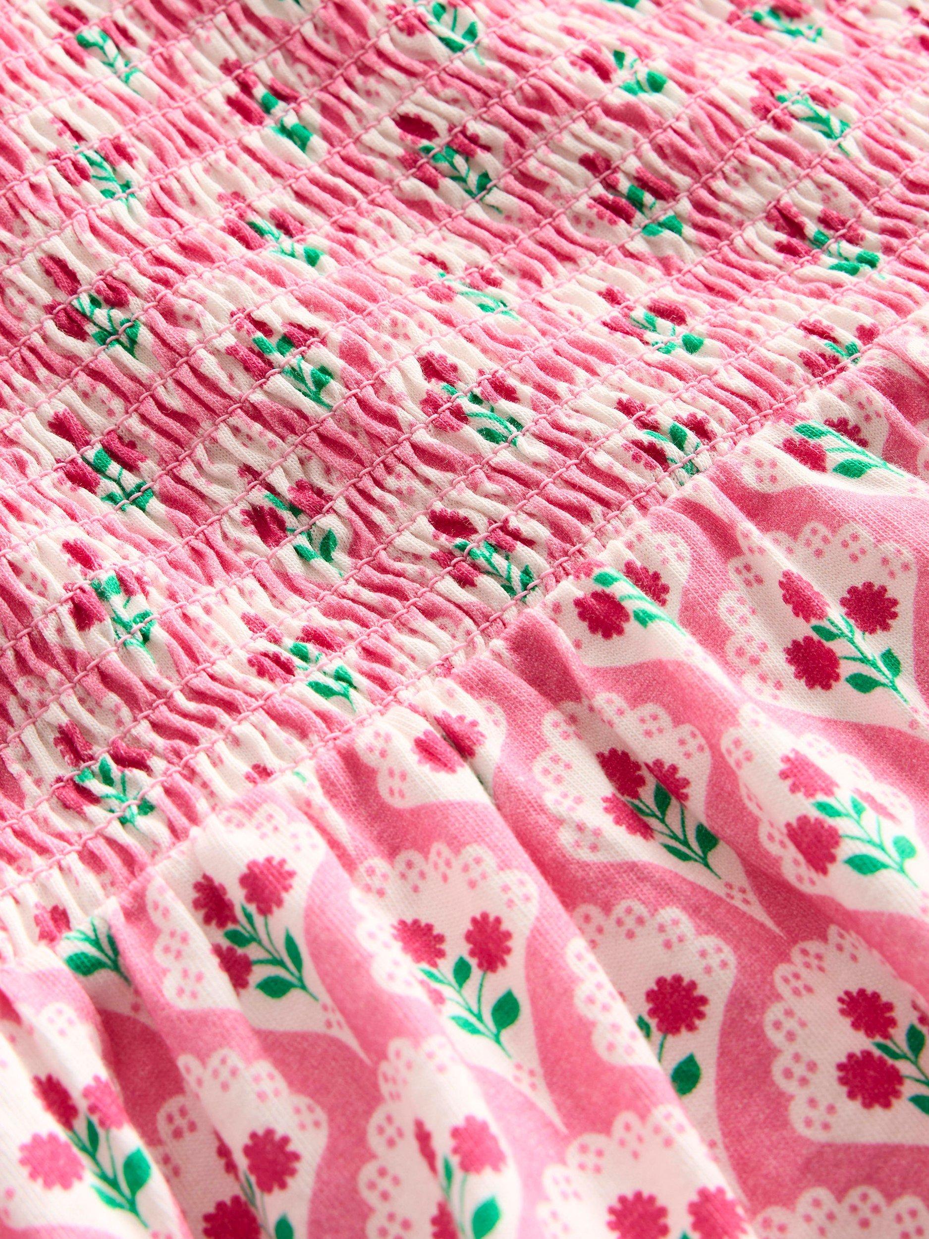 Product image 3 of 3, which shows Mini Boden Kids' Aurora Cotton Shirred Tiered Dress, Pink Floral, 8-9 years