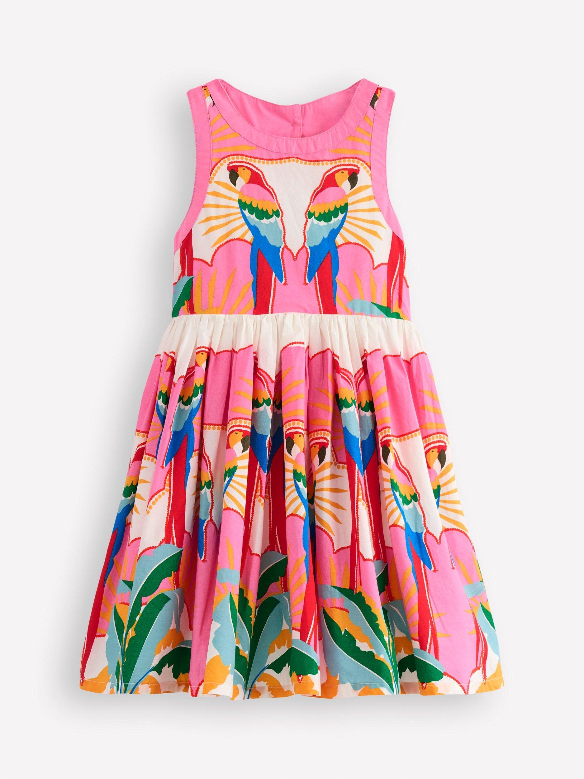 Product image 1 of 3, which shows Mini Boden Kids' Harlow Cotton Back Detail Dress, Multi Parrot, 2-3 years