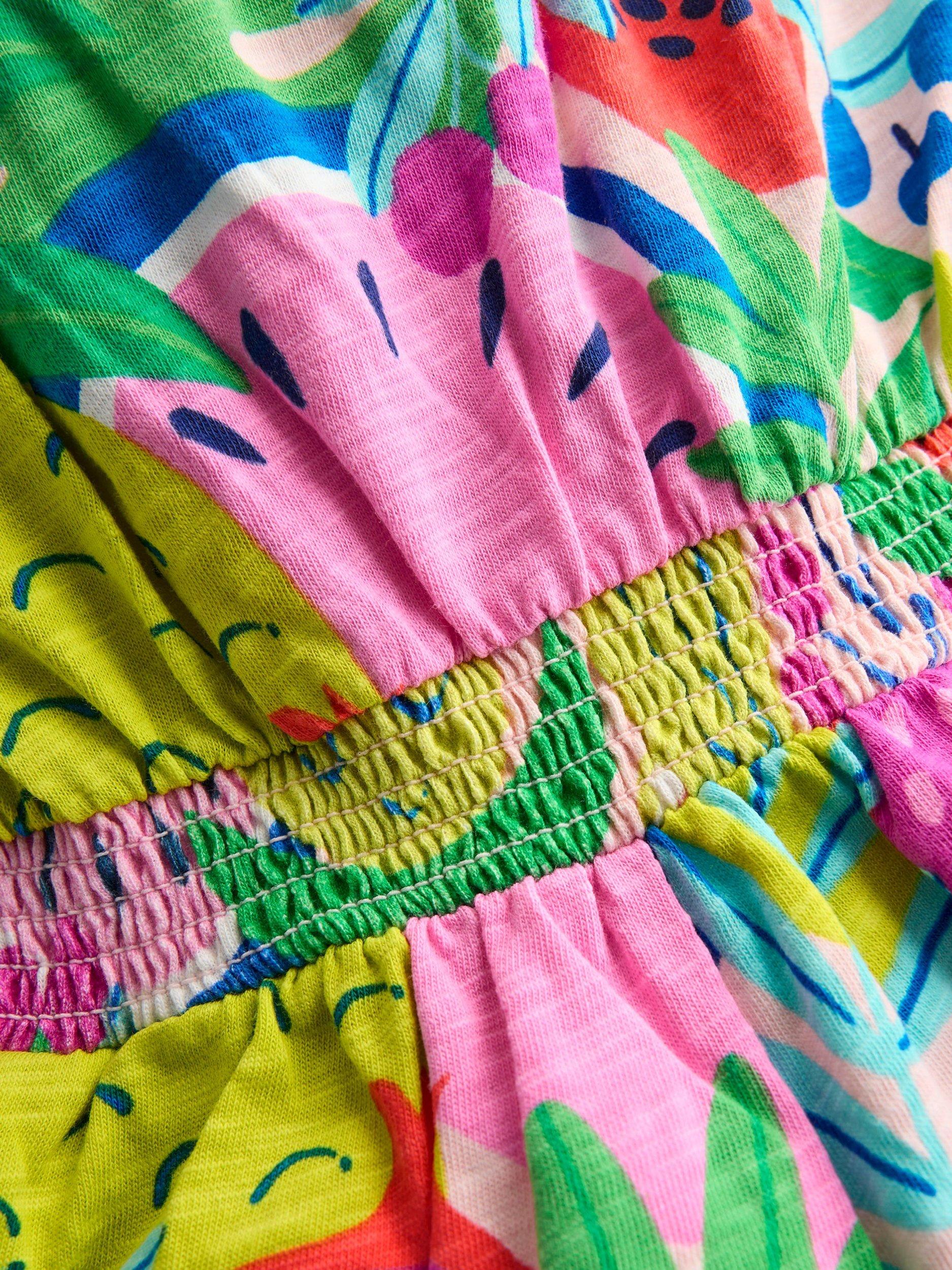 Product image 3 of 3, which shows Mini Boden Kids' Ciara Cotton Pom-Pom Trim Playsuit, Multi Tropical Fruit, 4-5 years