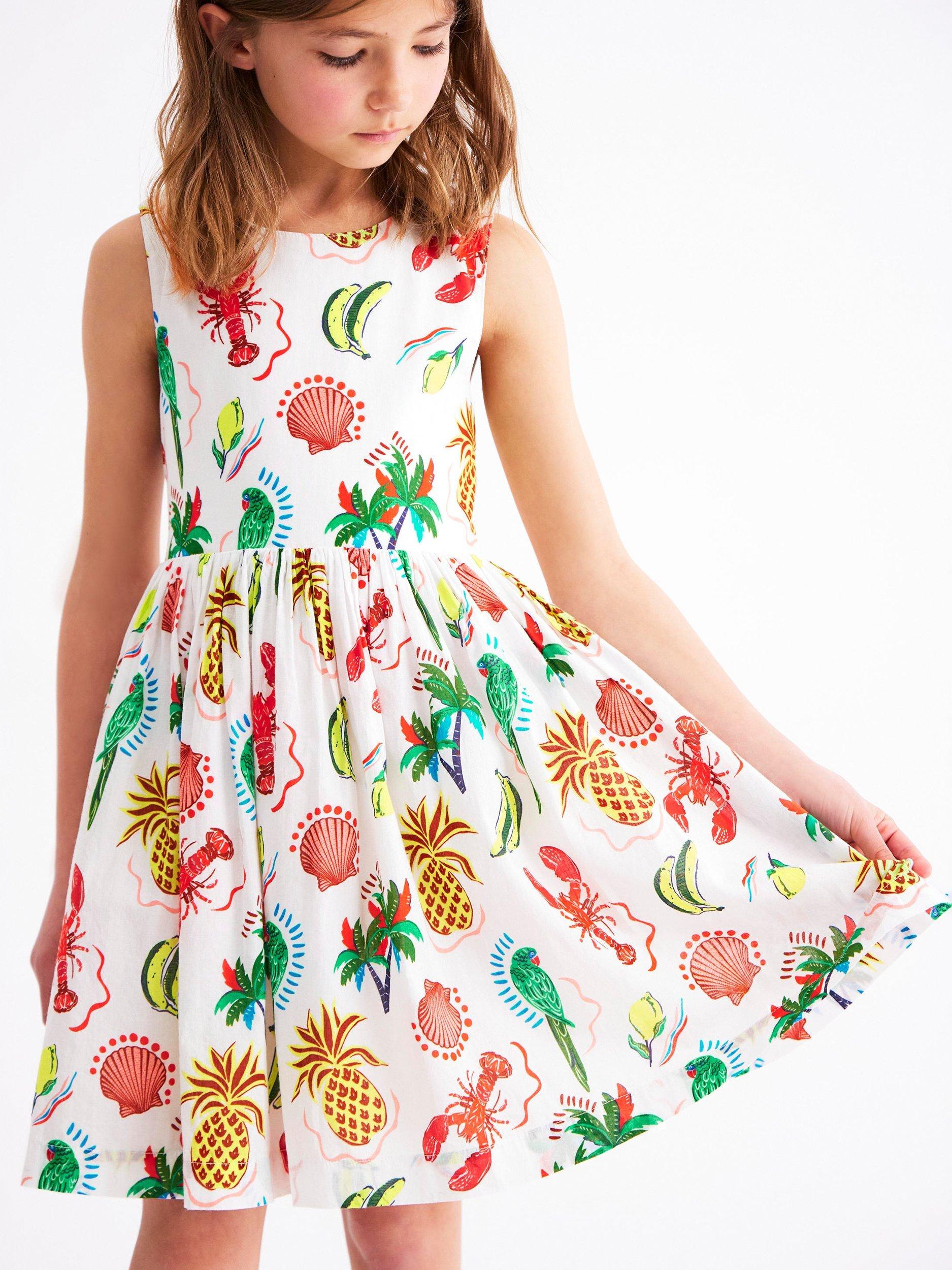 Product image 2 of 4, which shows Mini Boden Kids' Harper Cotton Holiday Print Cross-Back Dress, Multi, 2-3 years