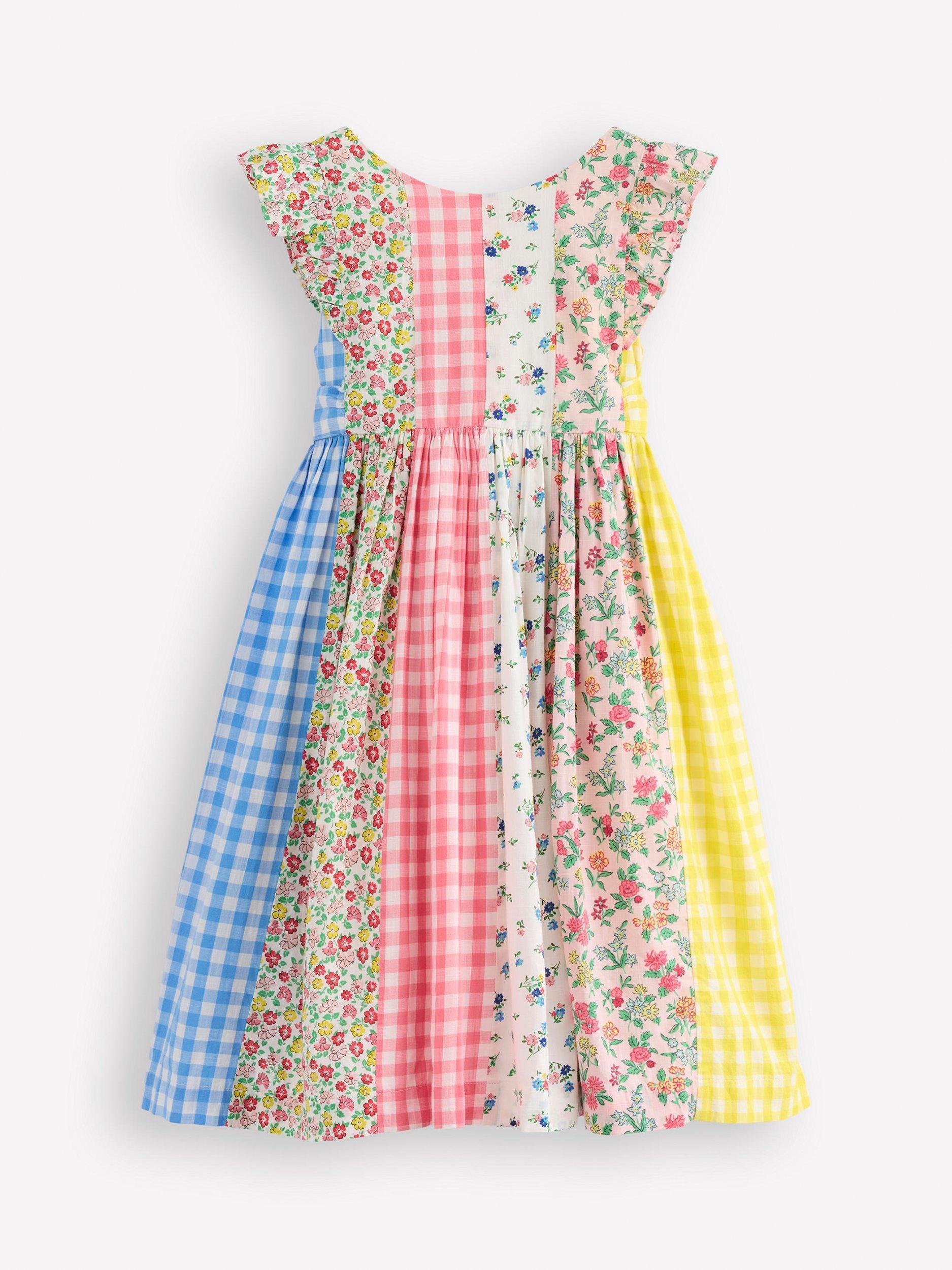 Mini Boden Kids' Prudence Cotton Bow Midi Dress, Patchwork Floral