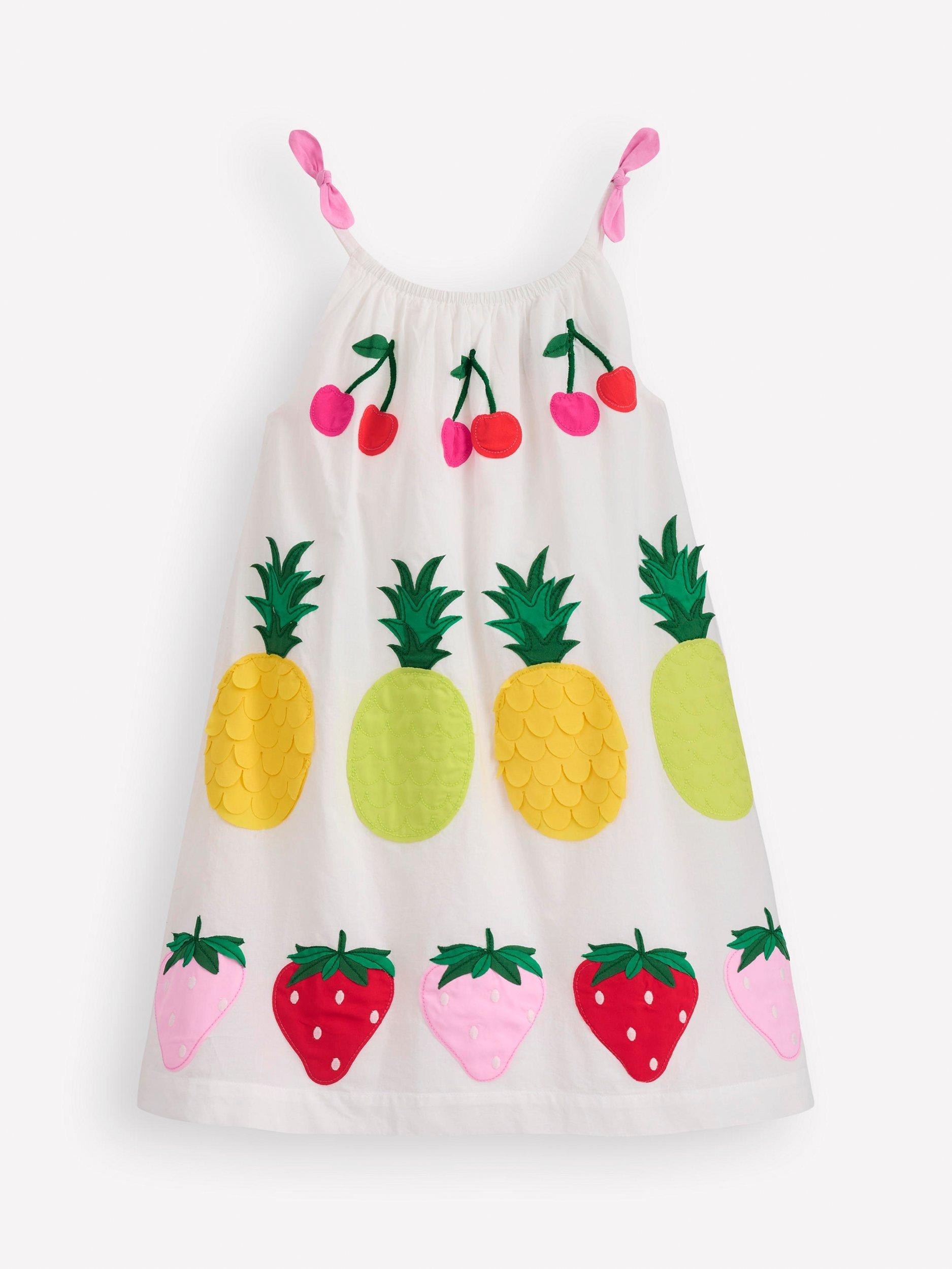 Mini Boden Kids' Cotton Strappy Applique Top, Soft Ivory Fruit