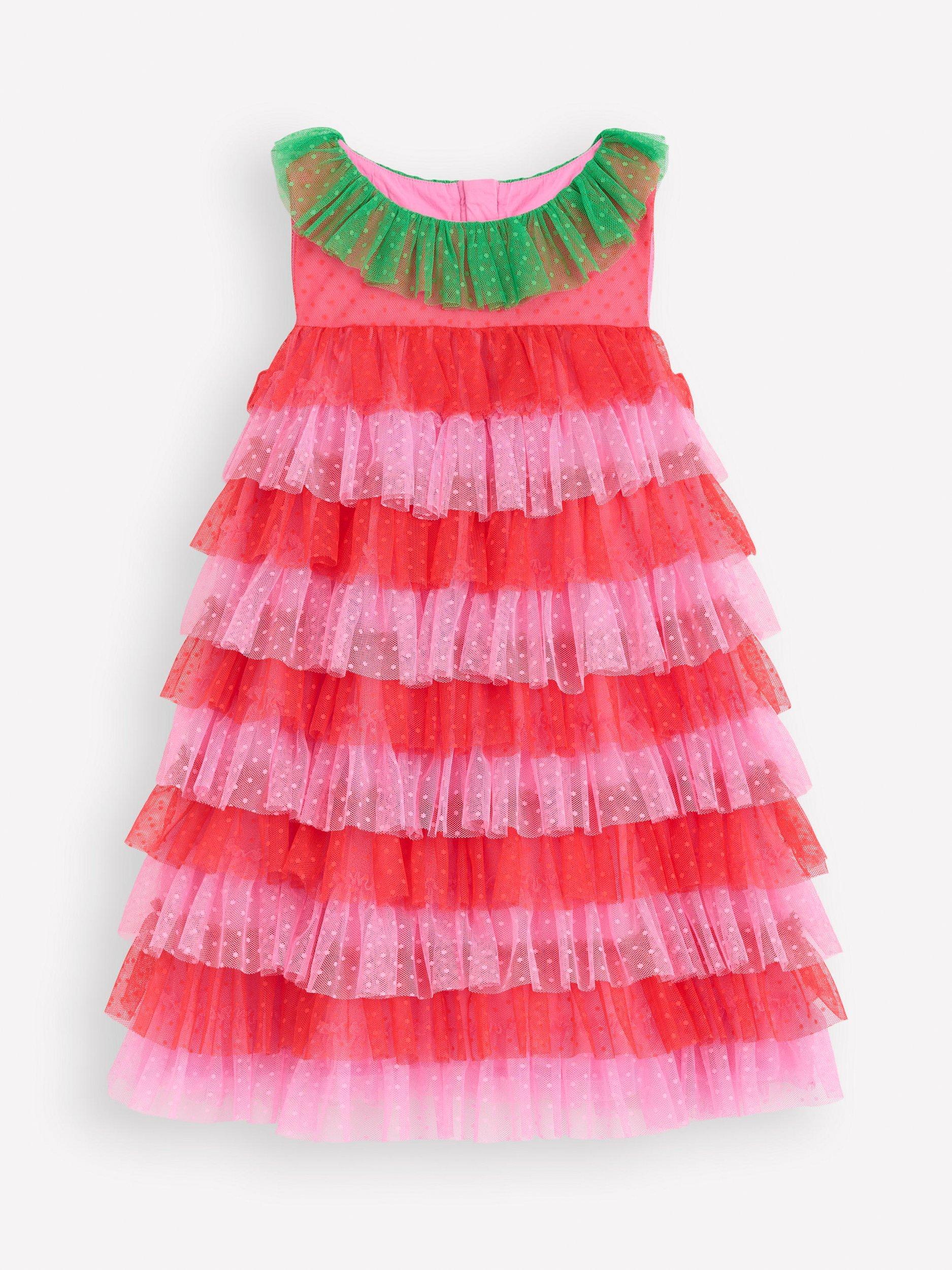 Product image 1 of 3, which shows Mini Boden Kids' Strawberry Tiered Tulle Dress, Red/Pink, 3-4 years