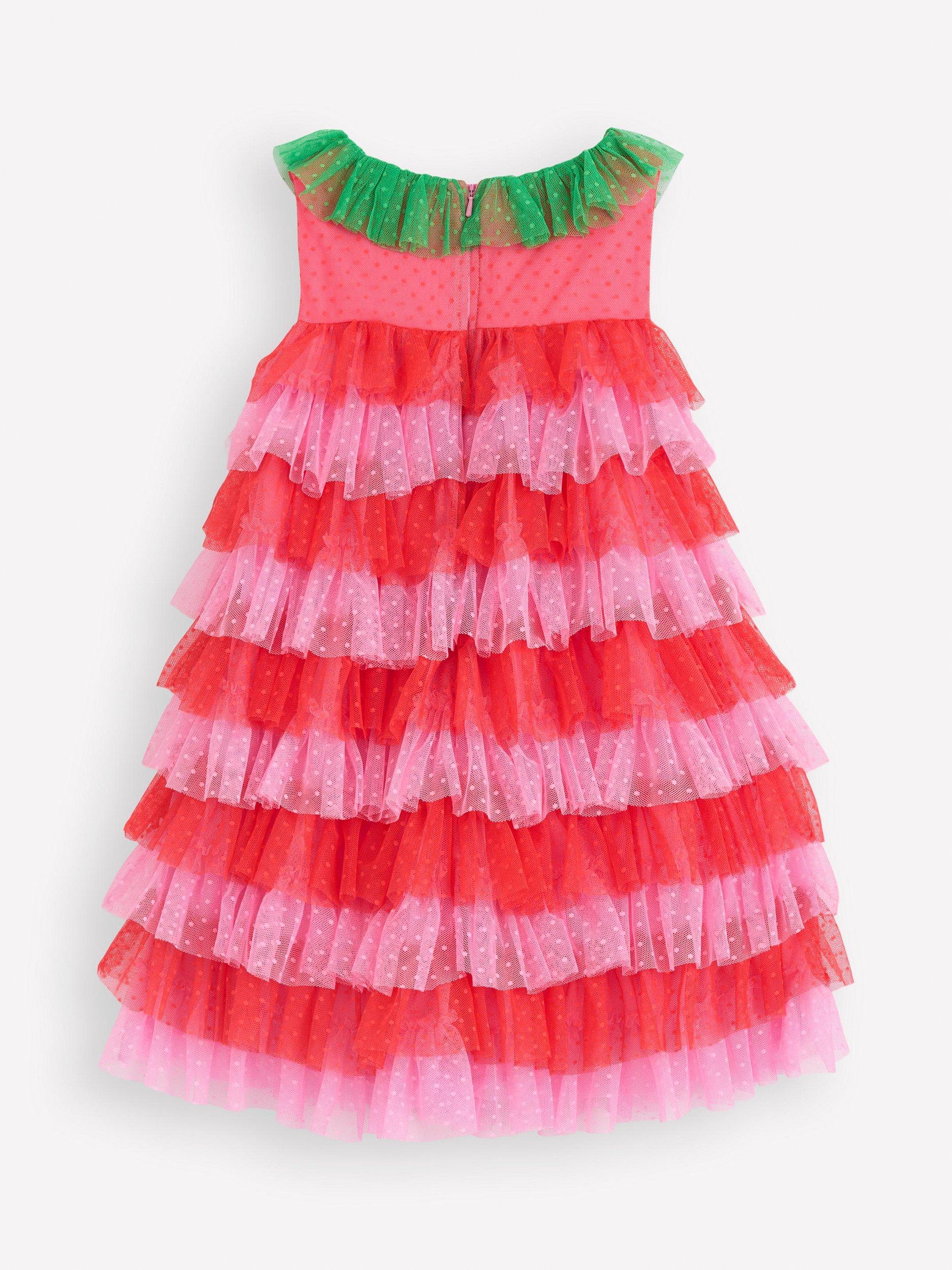 Product image 2 of 3, which shows Mini Boden Kids' Strawberry Tiered Tulle Dress, Red/Pink, 3-4 years