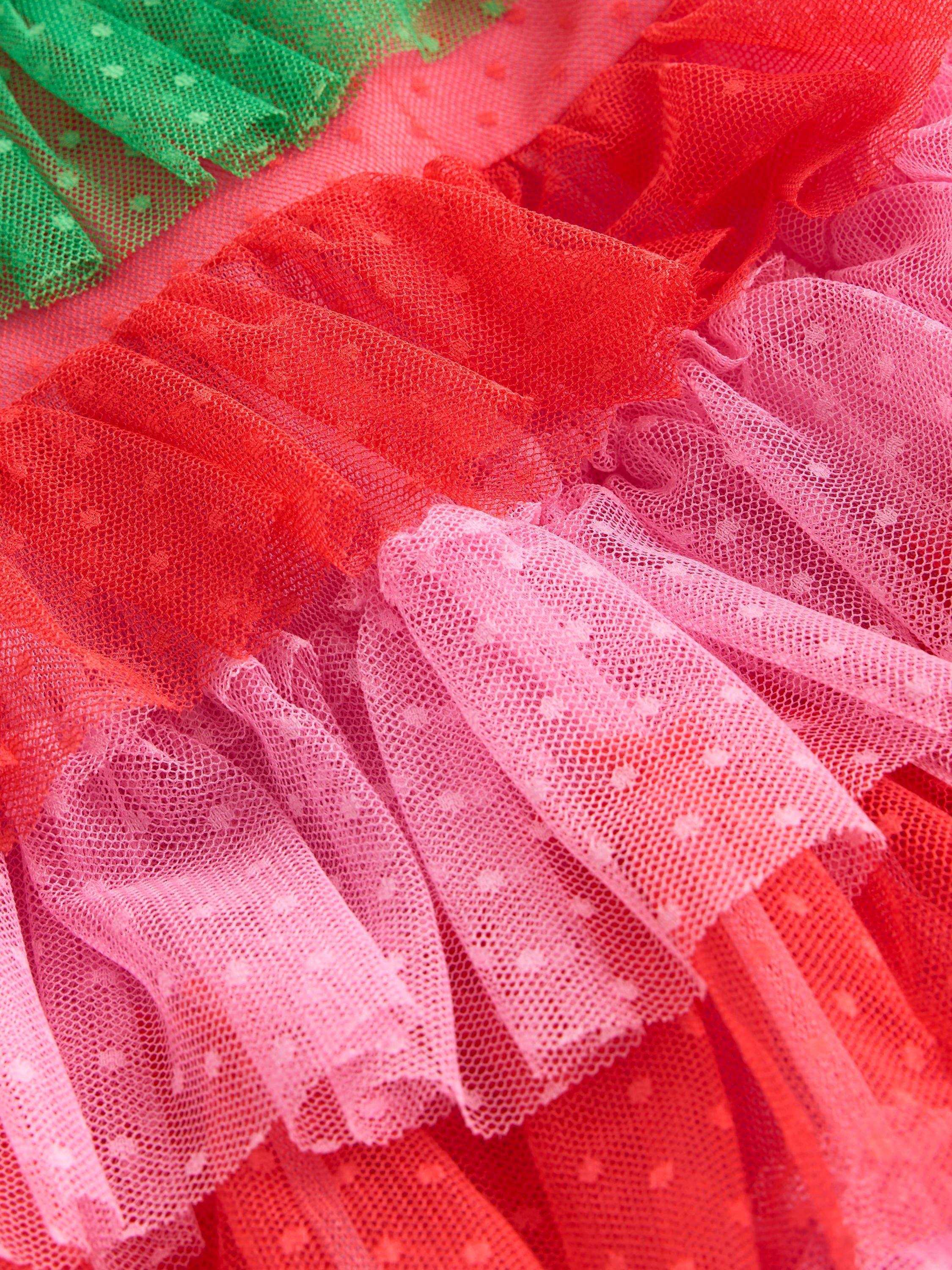 Product image 3 of 3, which shows Mini Boden Kids' Strawberry Tiered Tulle Dress, Red/Pink, 3-4 years