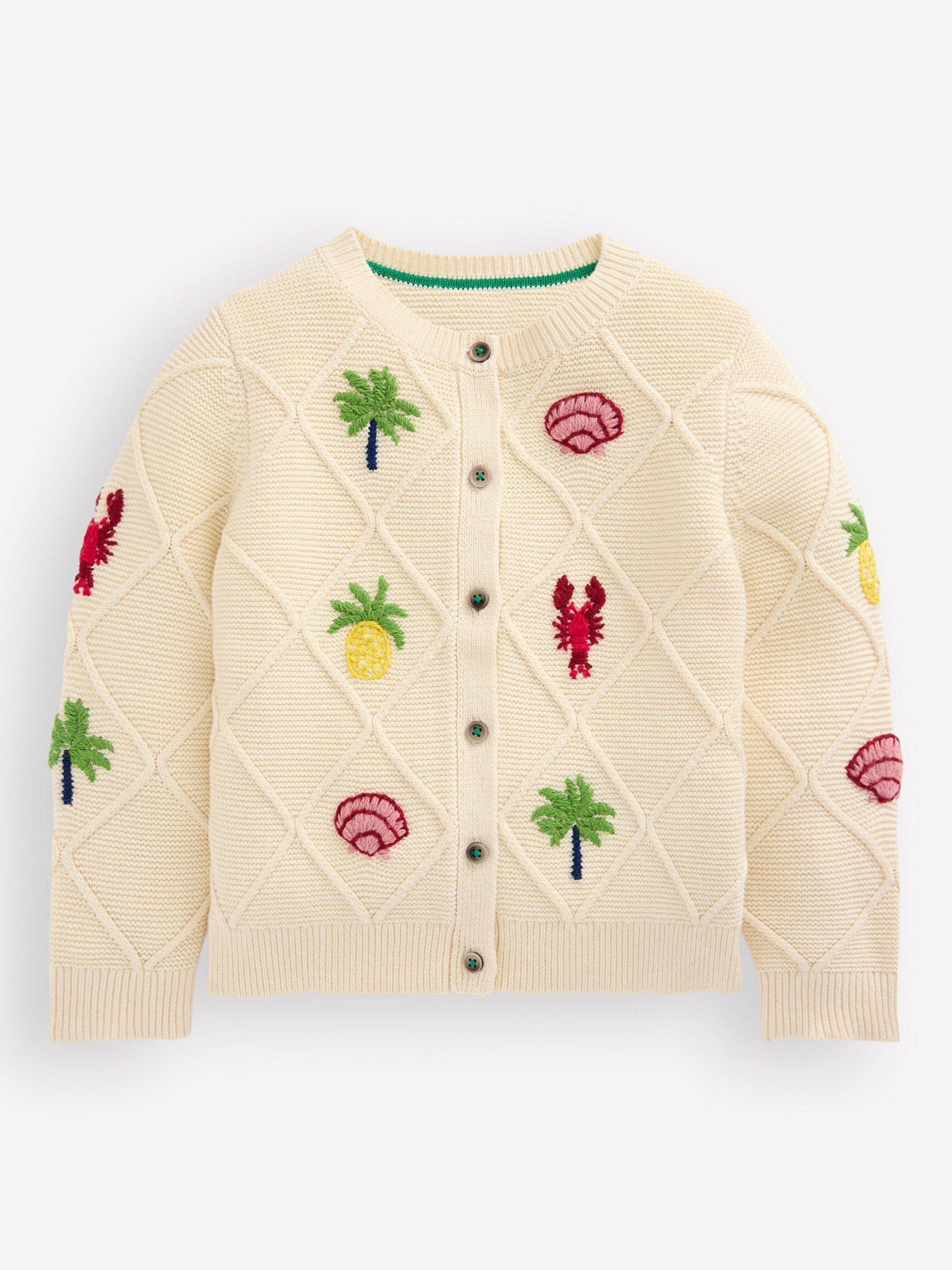 Product image 1 of 3, which shows Mini Boden Kids' Cotton Embroidered Tile Cardigan, Ecru Tropical Tile, 2-3 years