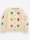 Mini Boden Kids' Cotton Embroidered Tile Cardigan,  Ecru Tropical Tile