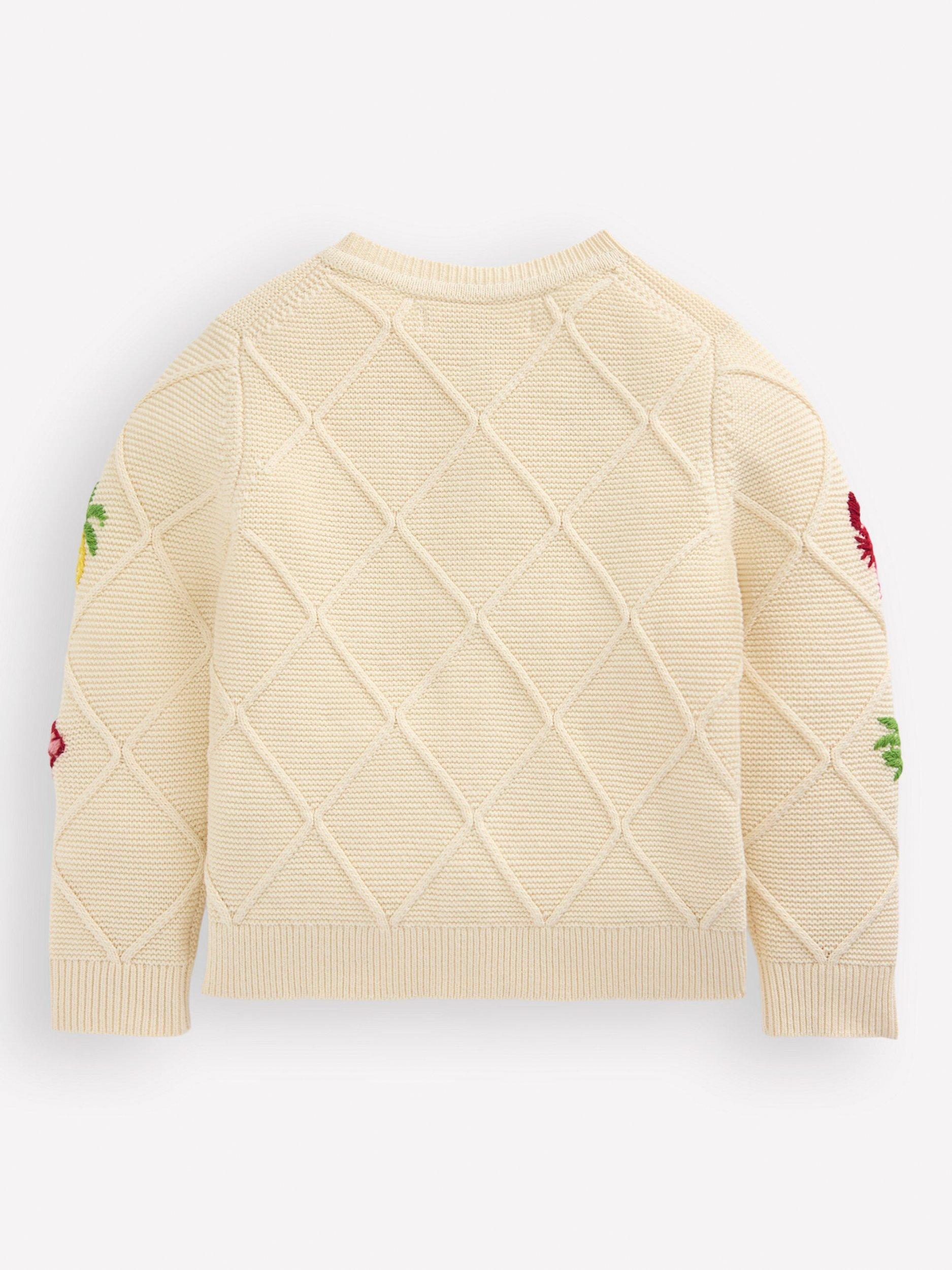 Product image 2 of 3, which shows Mini Boden Kids' Cotton Embroidered Tile Cardigan, Ecru Tropical Tile, 2-3 years