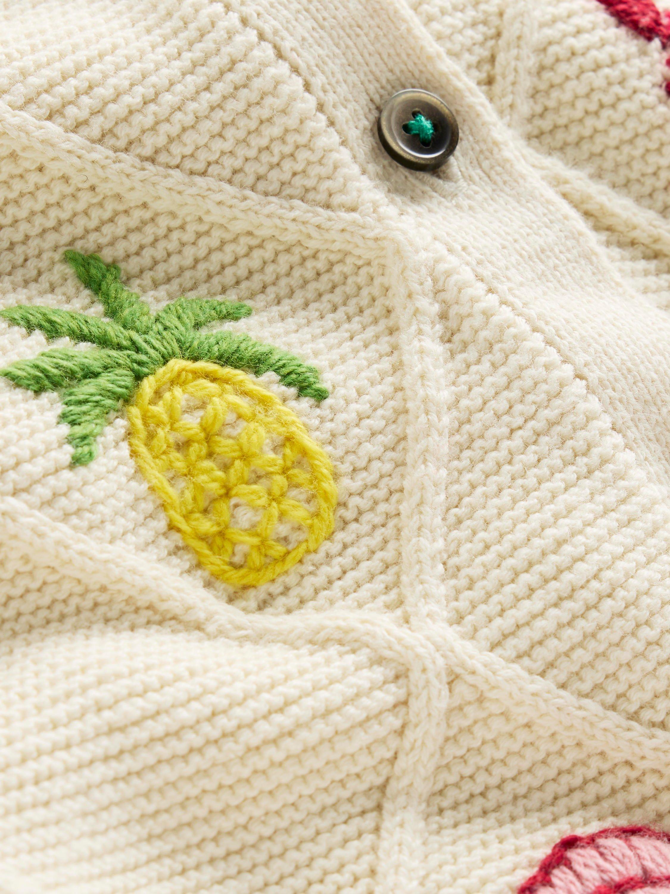Product image 3 of 3, which shows Mini Boden Kids' Cotton Embroidered Tile Cardigan, Ecru Tropical Tile, 2-3 years