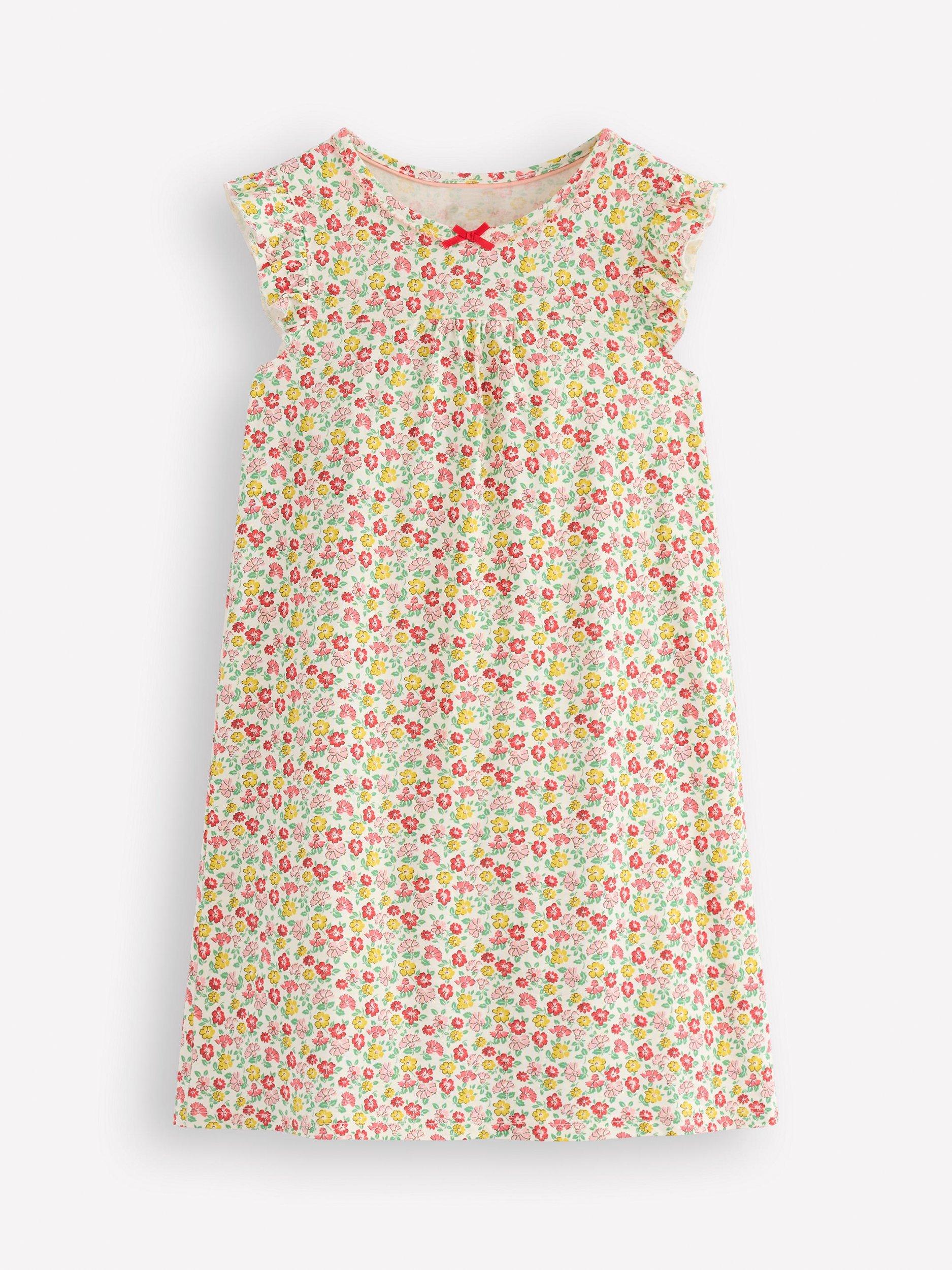 Product image 1 of 3, which shows Mini Boden Kids' Floral Short Sleeve Nightdress, Multi/Flowerbed, 2-3 years