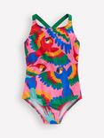 Mini Boden Kids' Cross-Back Printed Swimsuit, Multi Rainbow Parrot