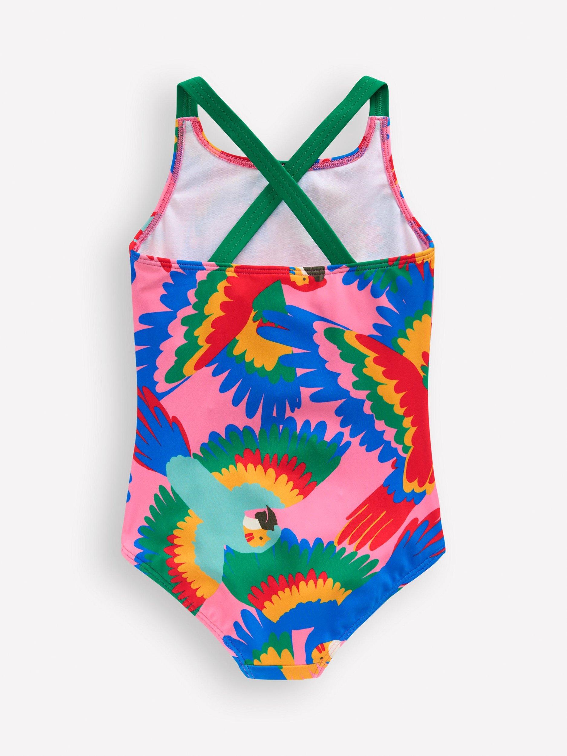 Product image 2 of 3, which shows Mini Boden Kids' Cross-Back Printed Swimsuit, Multi Rainbow Parrot, 3-4 years