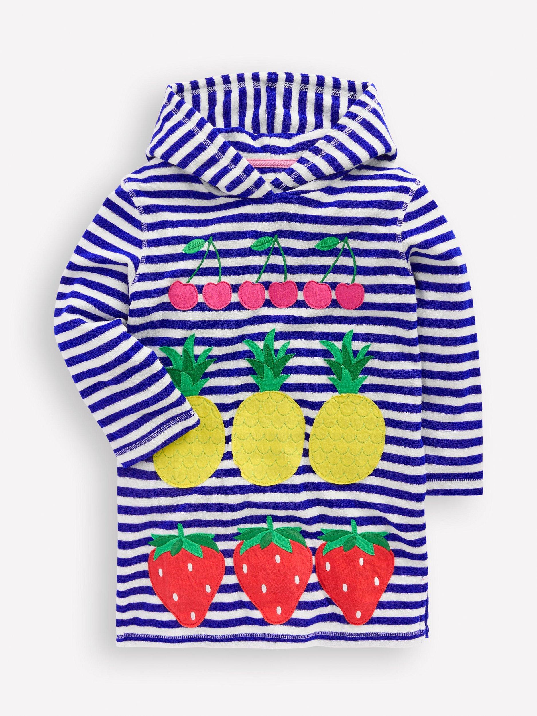 Product image 1 of 3, which shows Mini Boden Kids' Mara Cotton Towelling Throw-On, Blue Fruit Stripe, 2-3 years