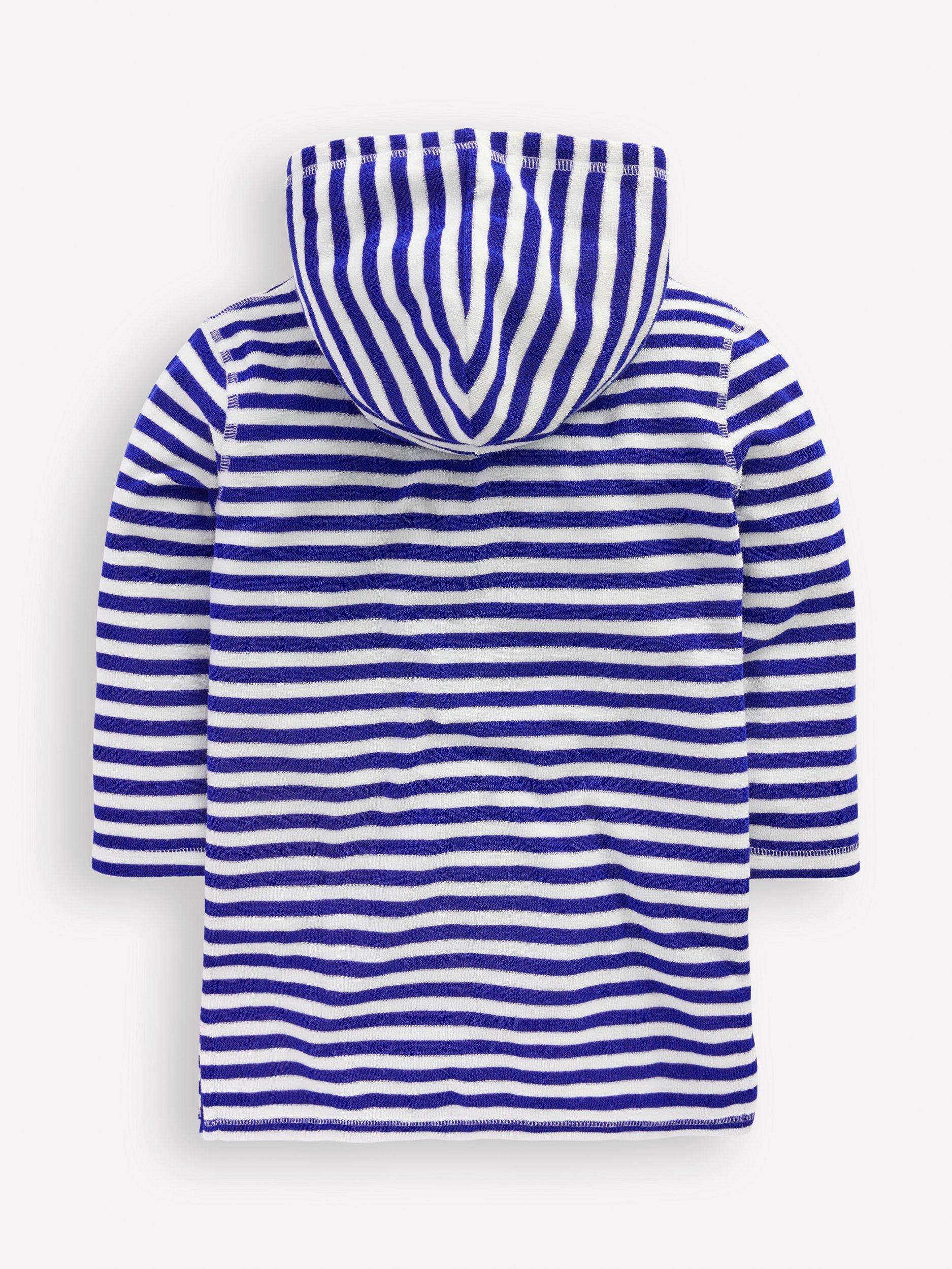 Product image 2 of 3, which shows Mini Boden Kids' Mara Cotton Towelling Throw-On, Blue Fruit Stripe, 2-3 years