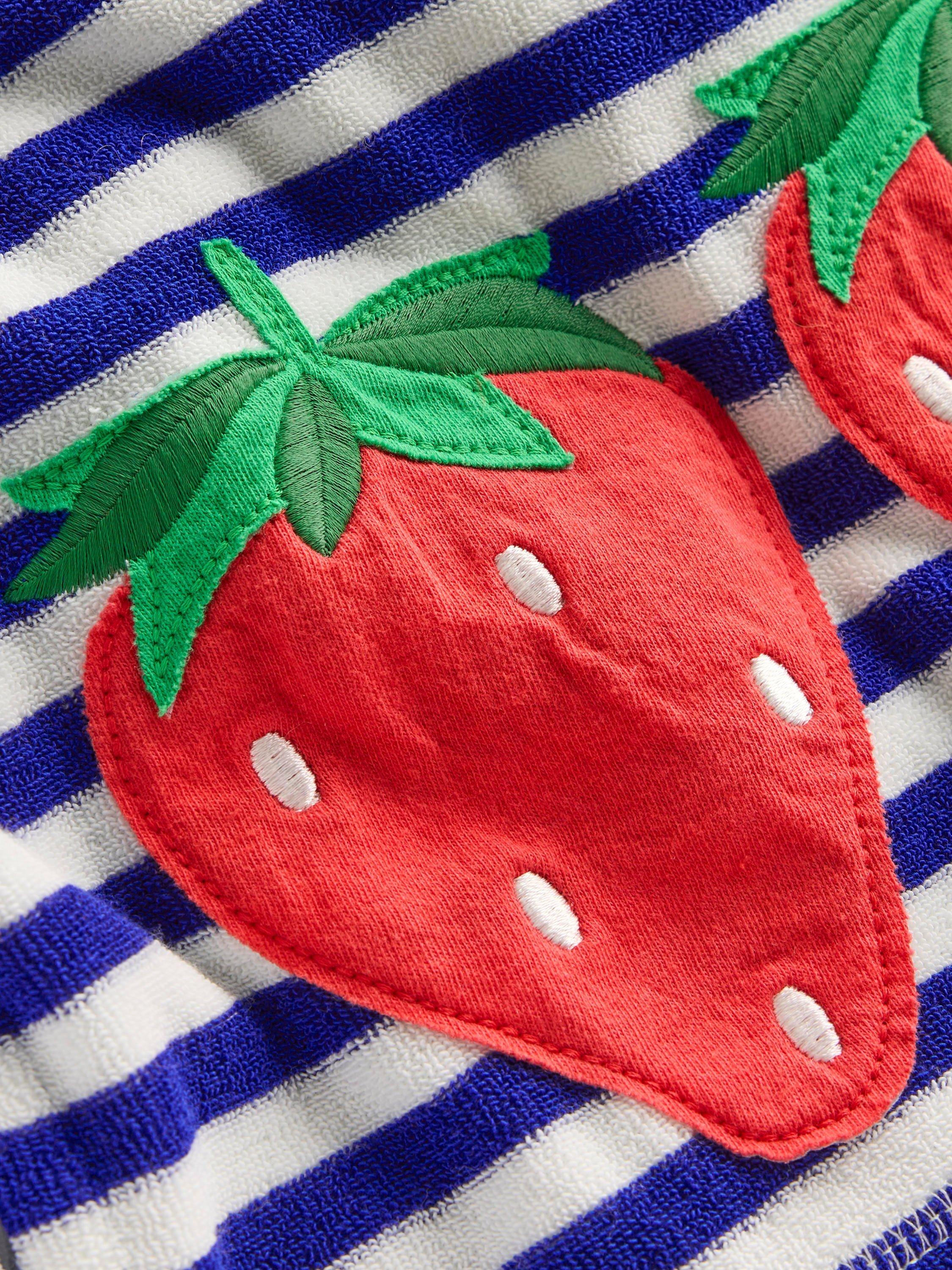 Product image 3 of 3, which shows Mini Boden Kids' Mara Cotton Towelling Throw-On, Blue Fruit Stripe, 2-3 years