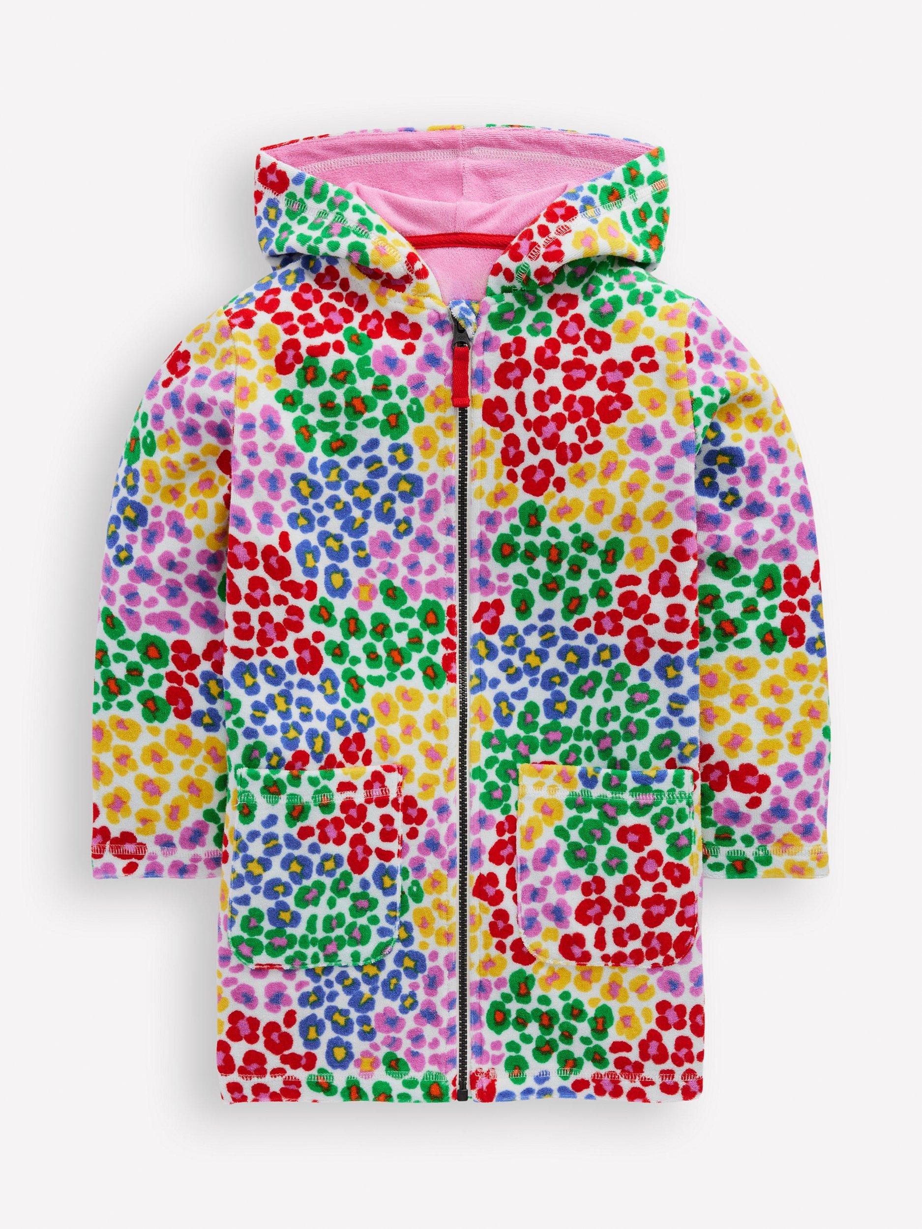 Product image 1 of 3, which shows Mini Boden Kids' Romie Towelling Zip-Up Hoodie, Multi Leopard, 2-3 years