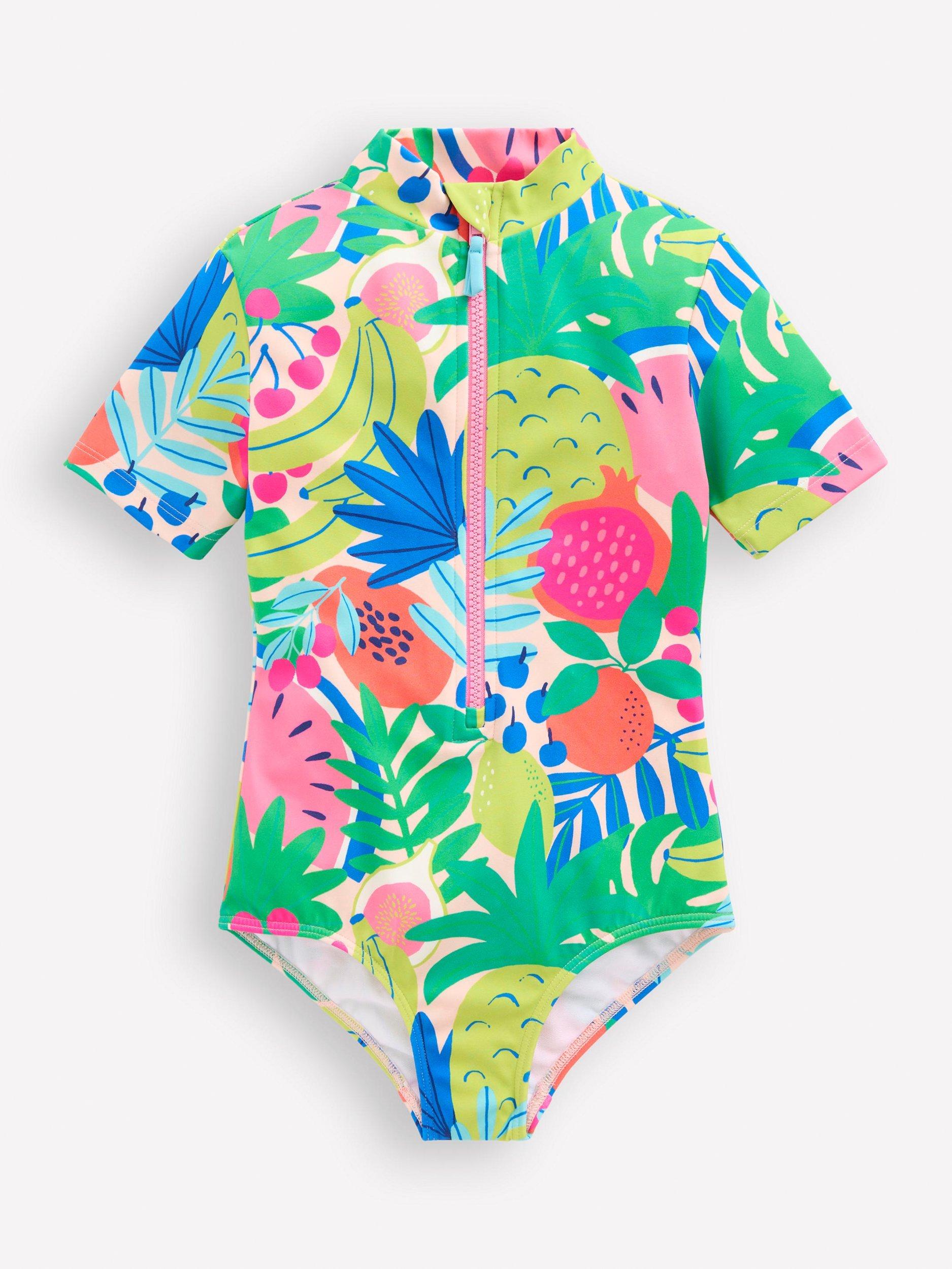 Mini Boden Kids' Zip-Up Short Sleeve Swimsuit, Multi Tropical Fruit