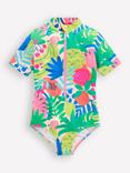 Mini Boden Kids' Zip-Up Short Sleeve Swimsuit, Multi Tropical Fruit