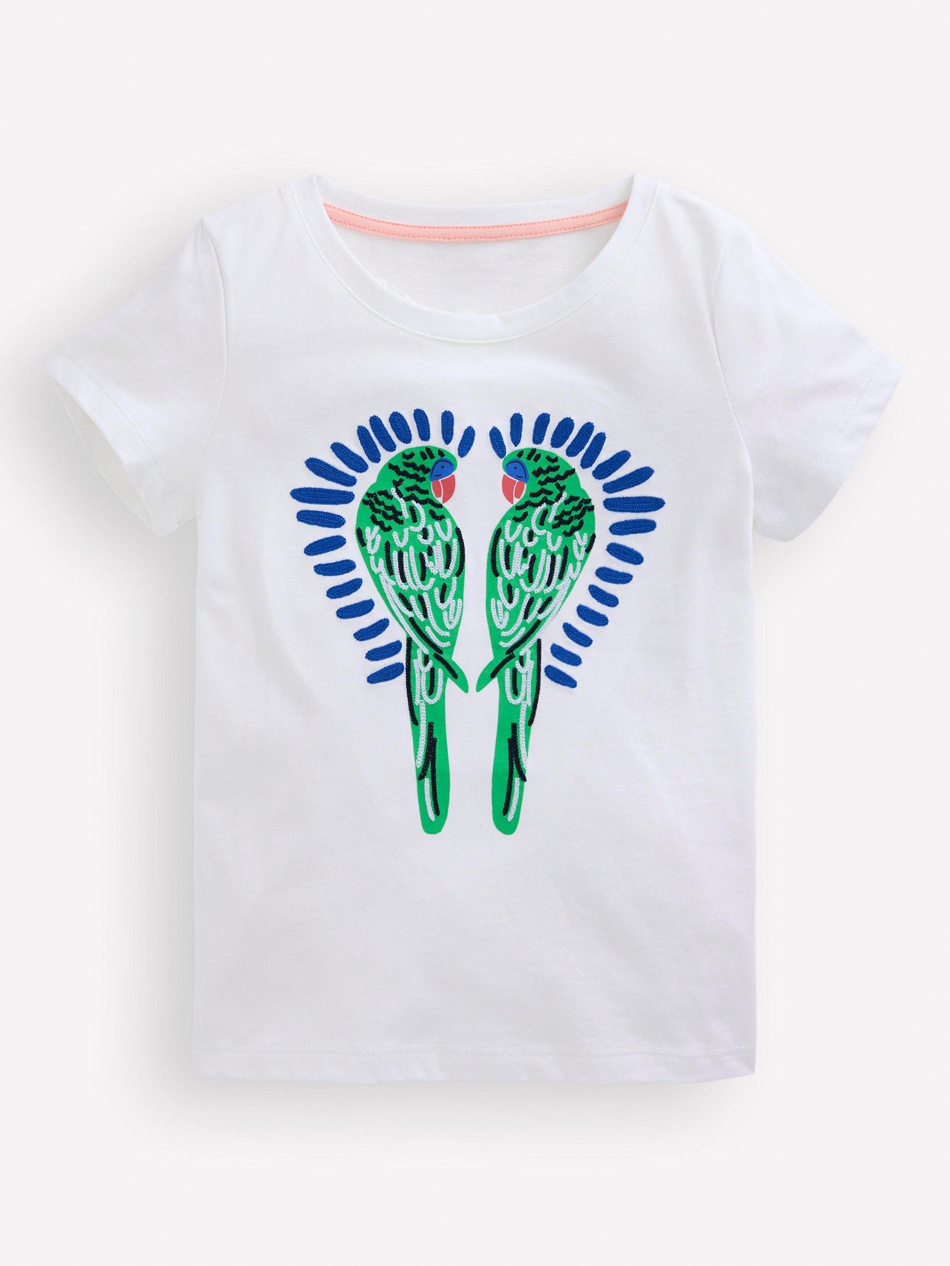 Product image 1 of 3, which shows Mini Boden Kids' Cotton Parrot T-Shirt, White Birds, 3-4 years