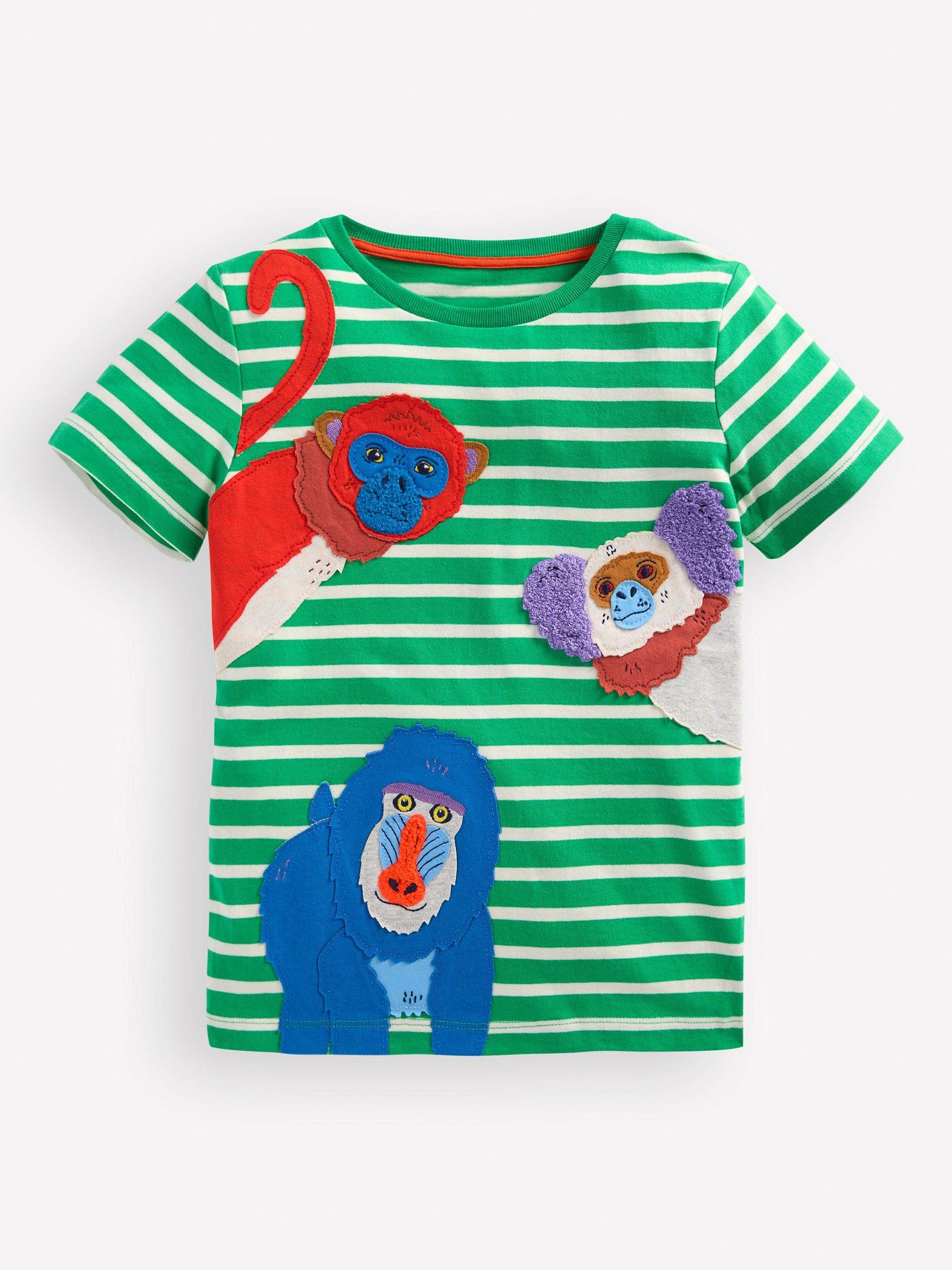 Mini Boden Kids' Cotton Applique T-Shirt, Green Striped Monkey