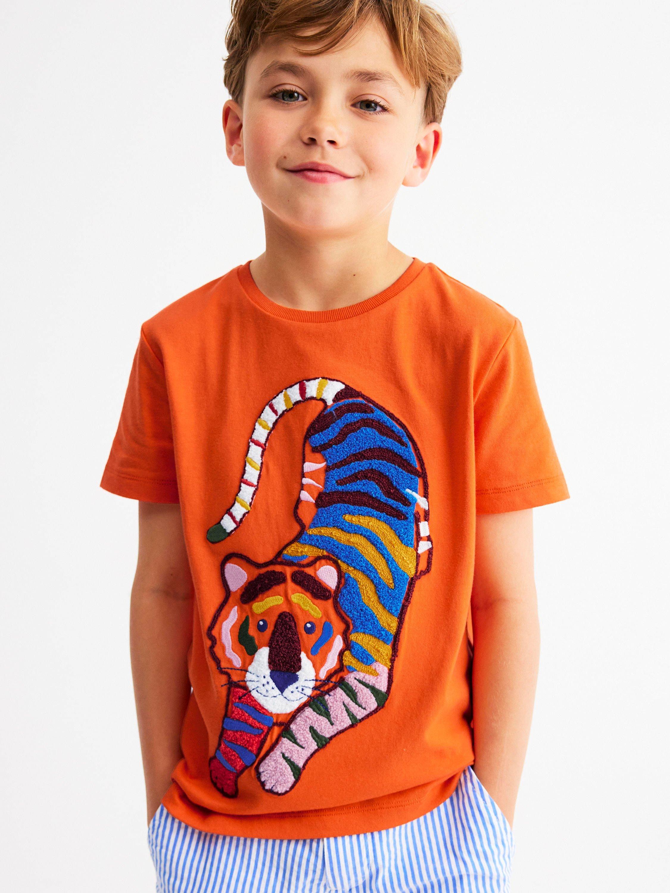 Mini Boden Kids' Cotton Short Sleeved T-Shirt, Coral Orange Tiger