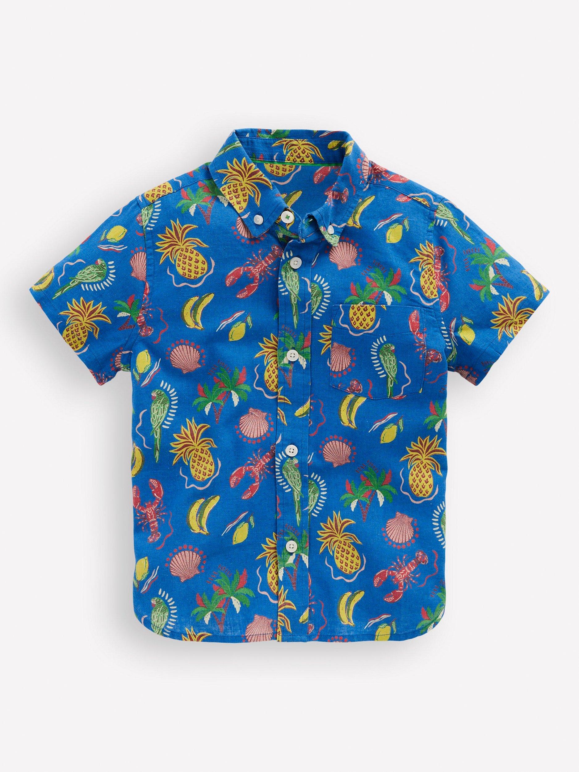Mini Boden Kids' Linen Cotton Short Sleeve Shirt, Blue Tropical Print