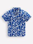 Mini Boden Kids' Linen-Cotton Short Sleeve Shirt, Blue Parrot Palm