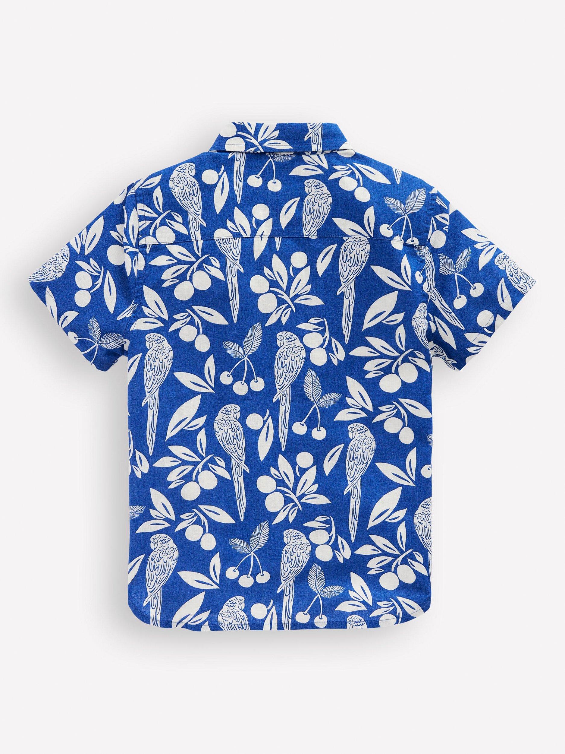 Product image 2 of 3, which shows Mini Boden Kids' Linen-Cotton Short Sleeve Shirt, Blue Parrot Palm, 2-3 years