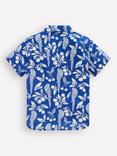 Mini Boden Kids' Linen-Cotton Short Sleeve Shirt, Blue Parrot Palm