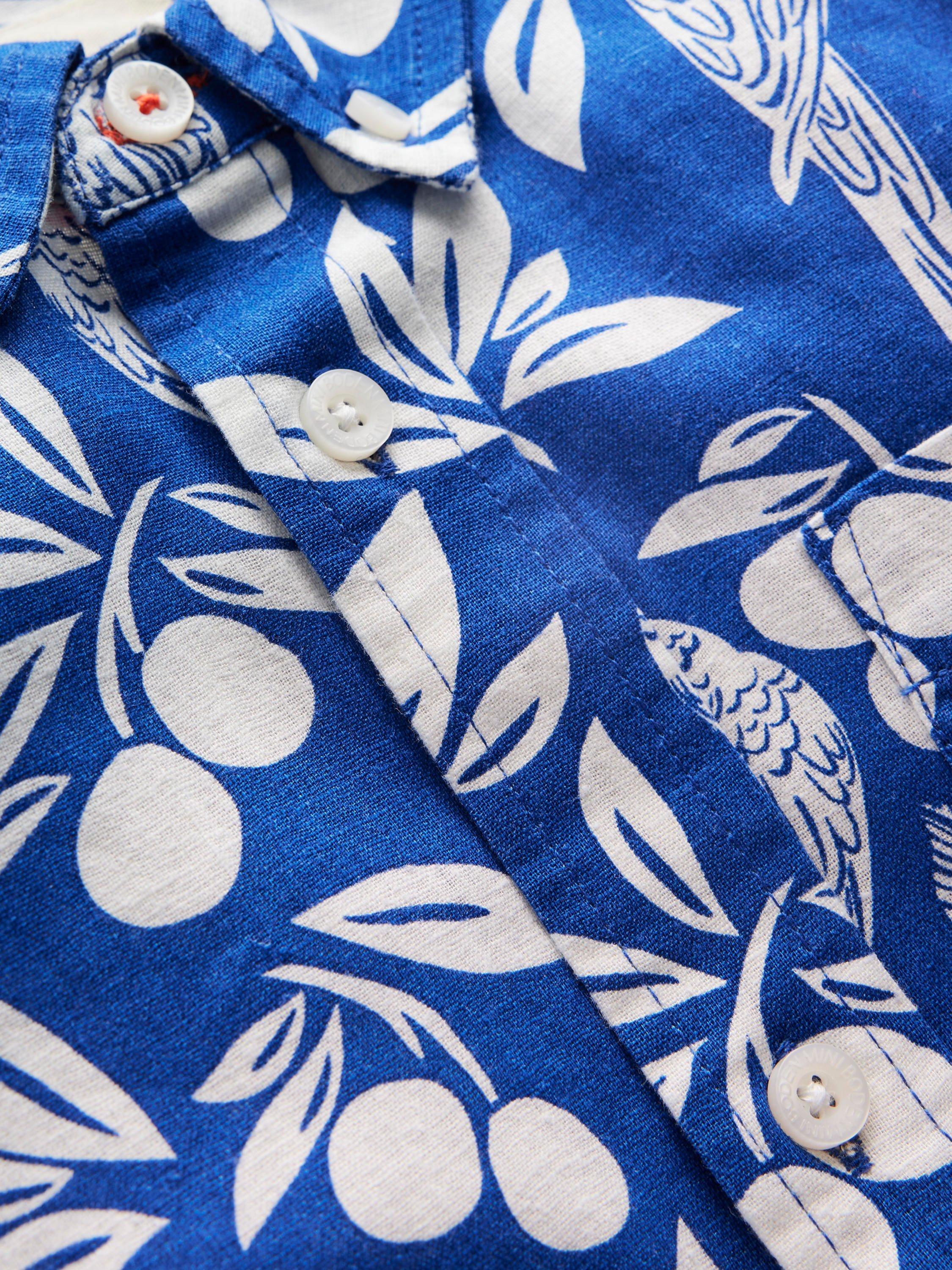 Product image 3 of 3, which shows Mini Boden Kids' Linen-Cotton Short Sleeve Shirt, Blue Parrot Palm, 2-3 years
