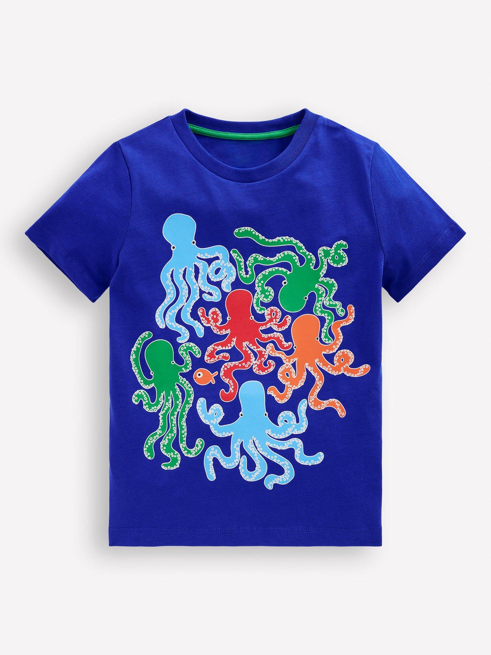 Mini Boden Kids' Cotton Glow-In-The-Dark T-Shirt, Bright Blue Octopus
