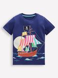 Mini Boden Kids' Cotton Glow In The Dark T-Shirt, Blue Pirate Ship