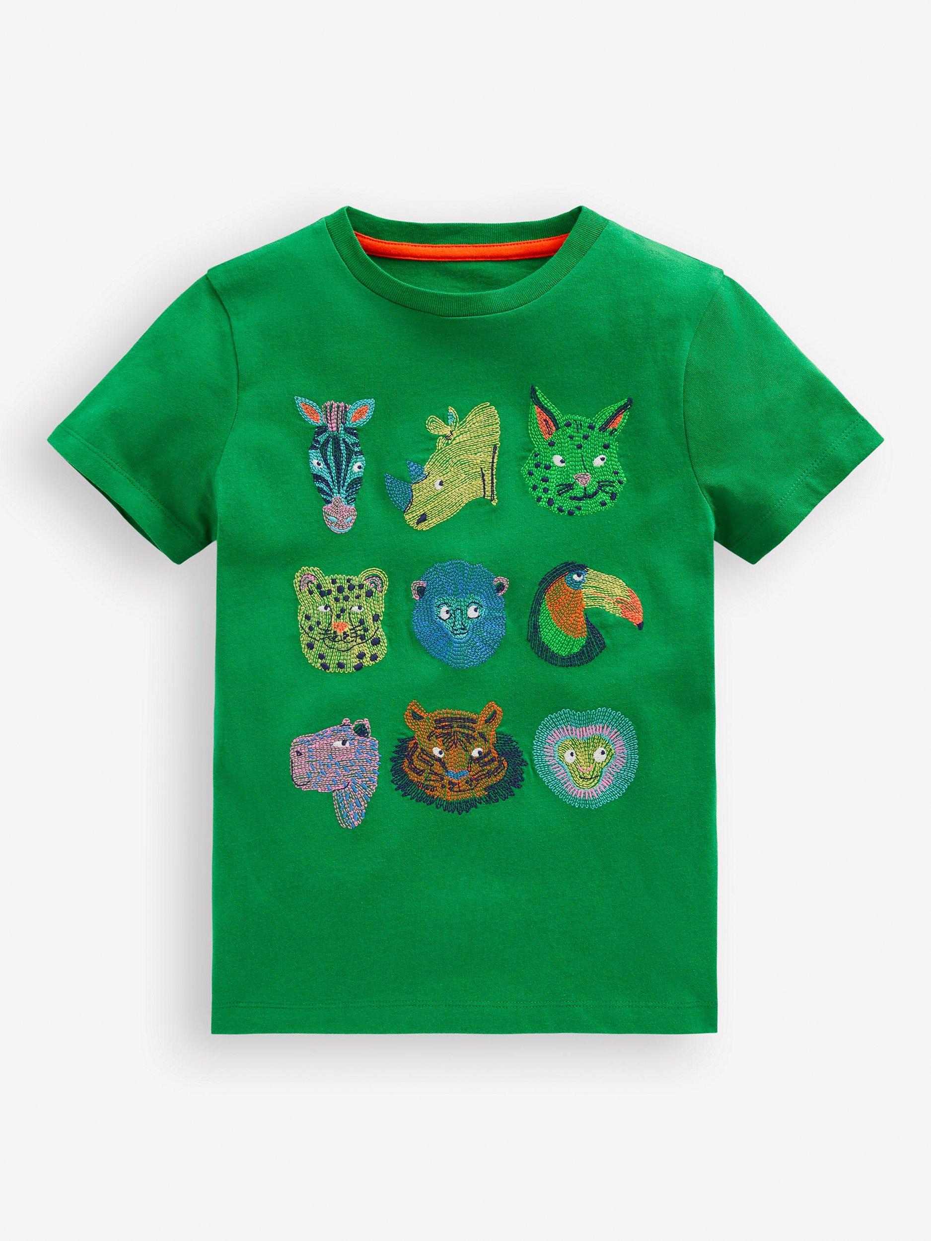 Mini Boden Kids' Cotton Superstitch T-Shirt, Green Jungle Animals